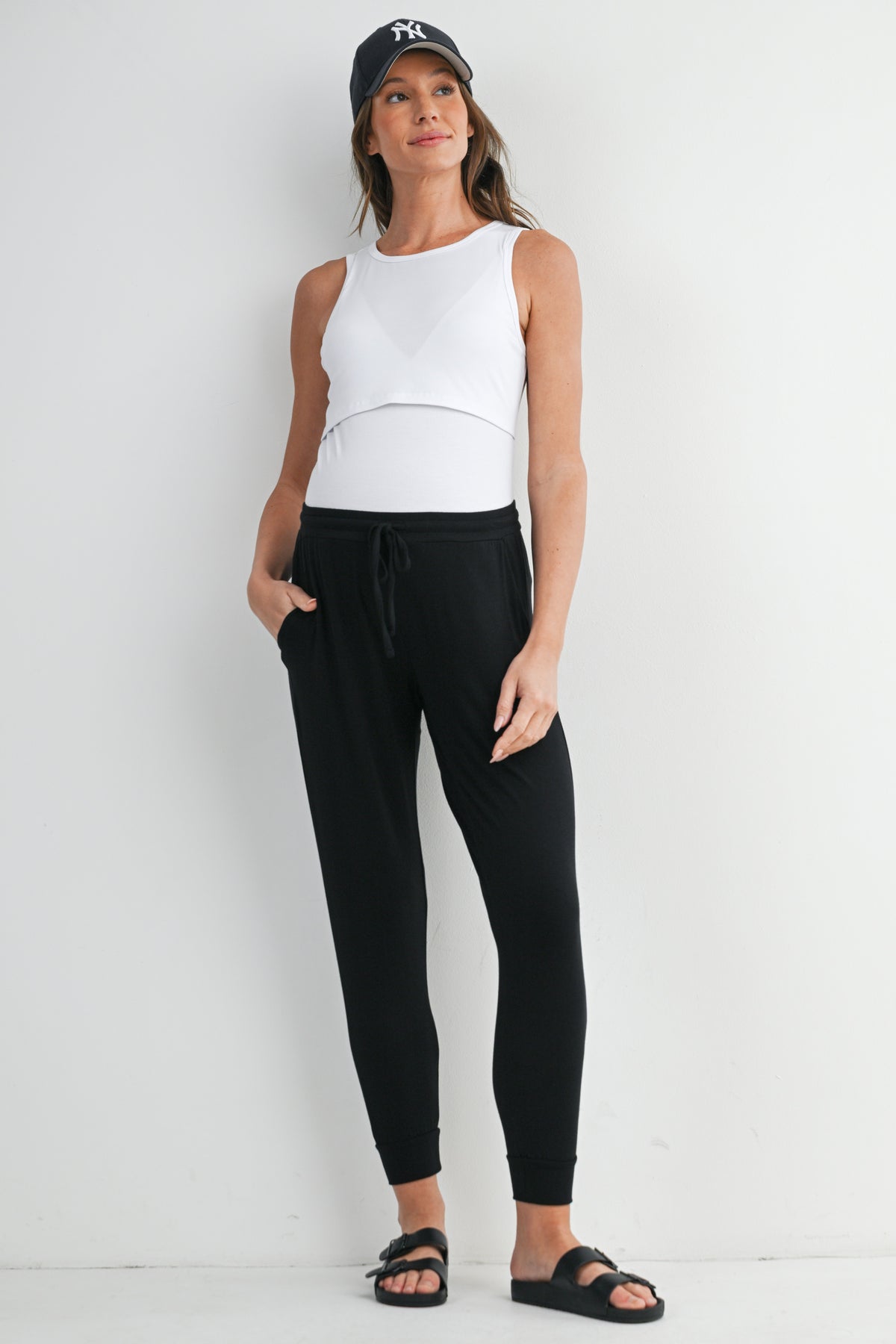 Black Relaxed Fit Maternity Lounge Wear Jogger Pants with Pockets Full Body View