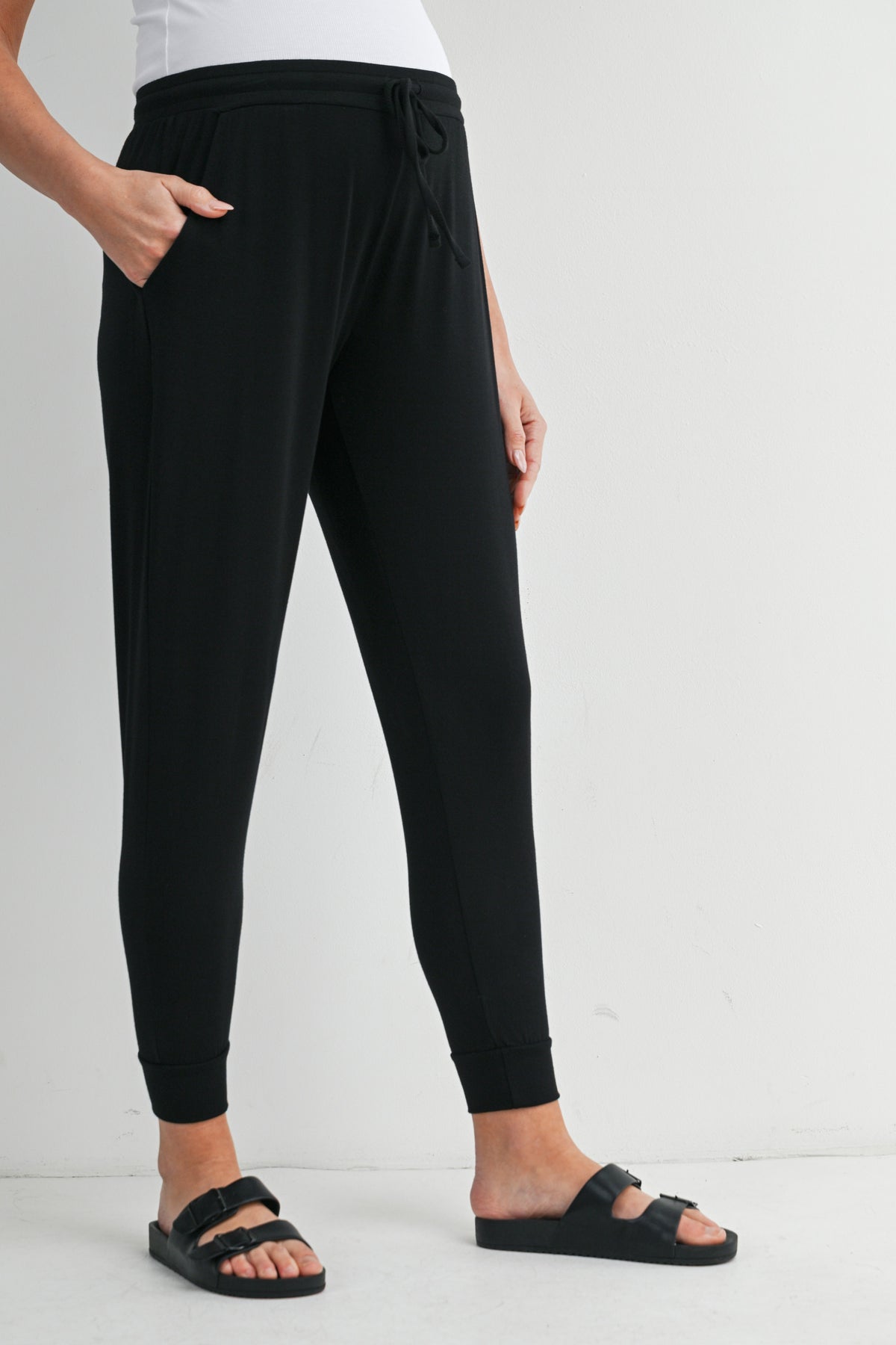 Black Relaxed Fit Maternity Lounge Wear Jogger Pants with Pockets Side View