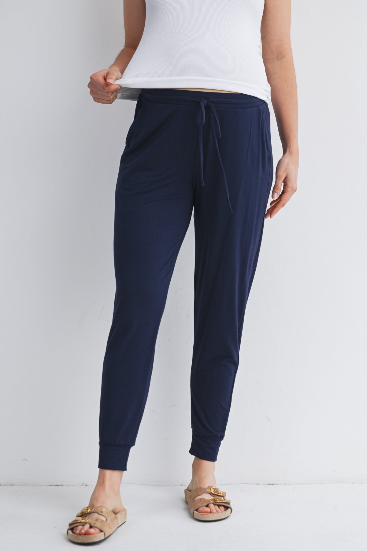 Navy Relaxed Fit Maternity Lounge Wear Jogger Pants with Pockets Front View