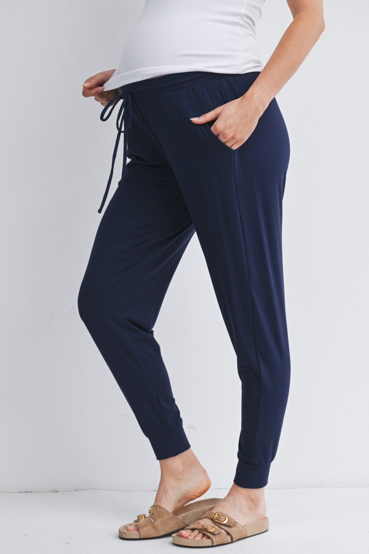 Navy Relaxed Fit Maternity Lounge Wear Jogger Pants with Pockets Side View