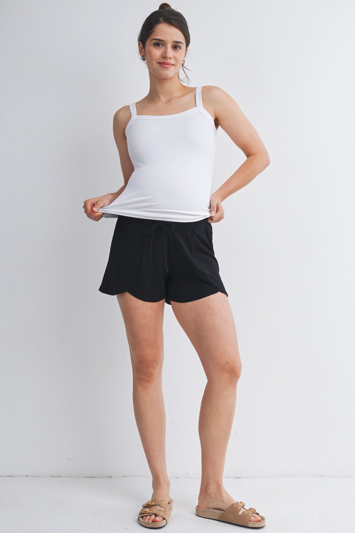 Black French Terry Maternity Lounge Shorts with Drawstring & Pockets Full Body