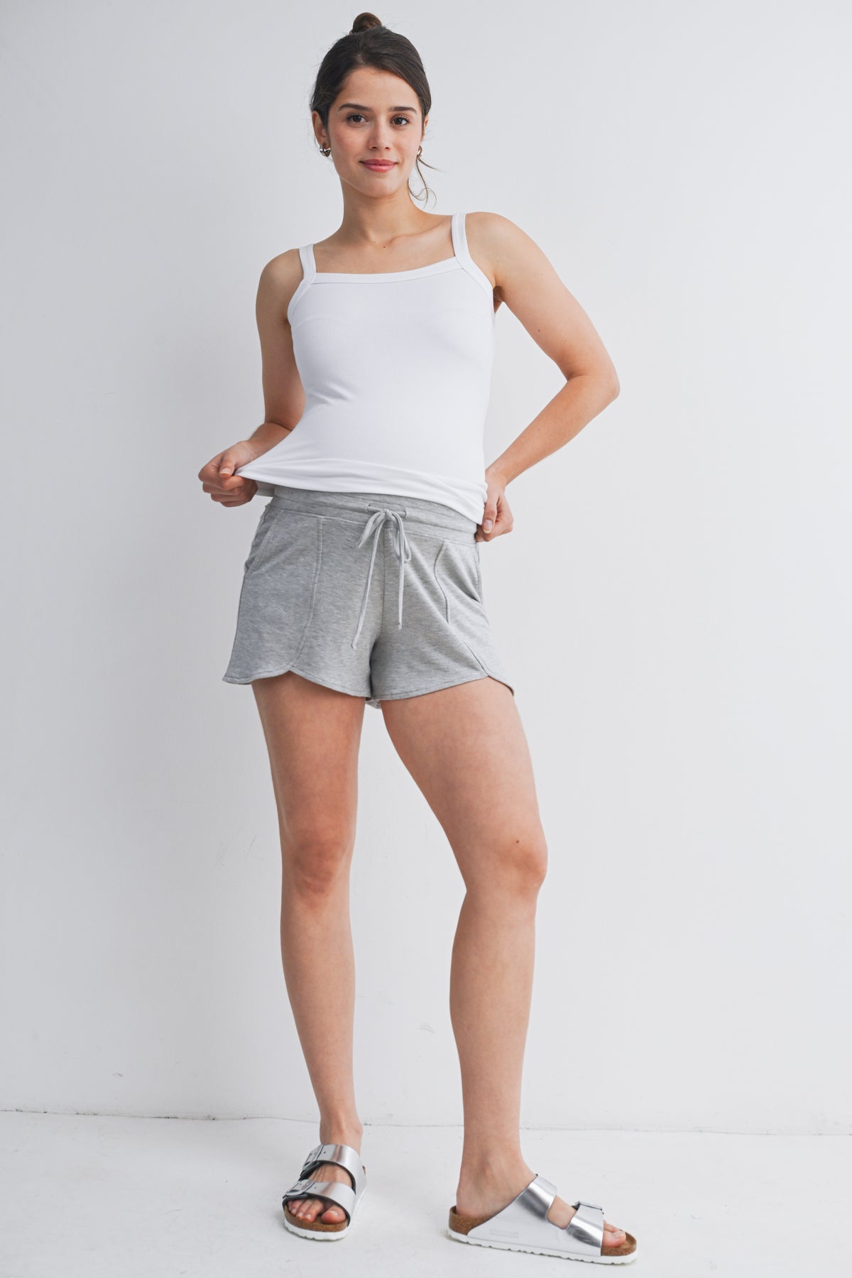 Heather Grey French Terry Maternity Lounge Shorts with Drawstring & Pockets Full Body