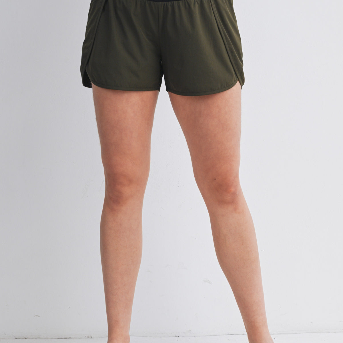 Olive Active High Waisted Maternity Shorts with Built-In Pocket Liner Front View