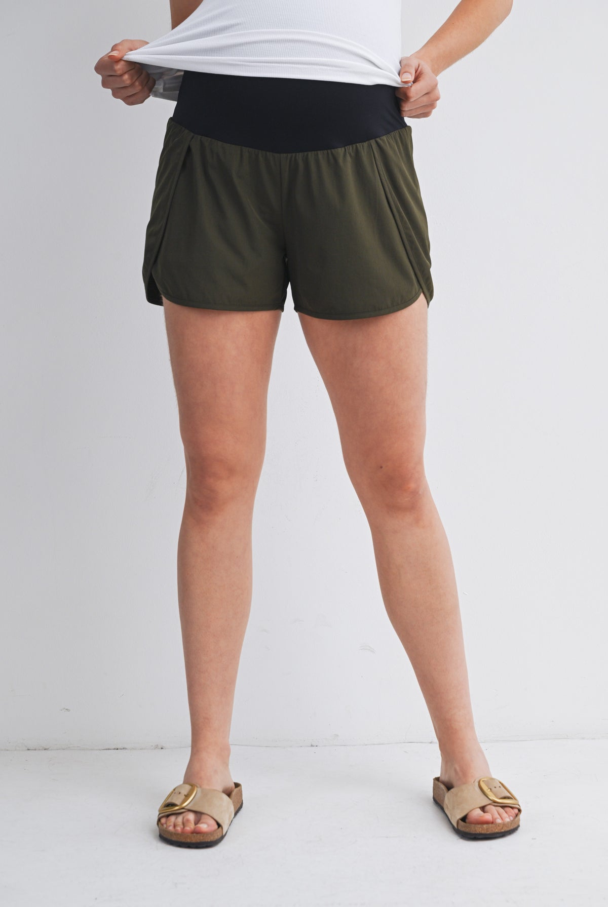 Olive Active High Waisted Maternity Shorts with Built-In Pocket Liner Front View