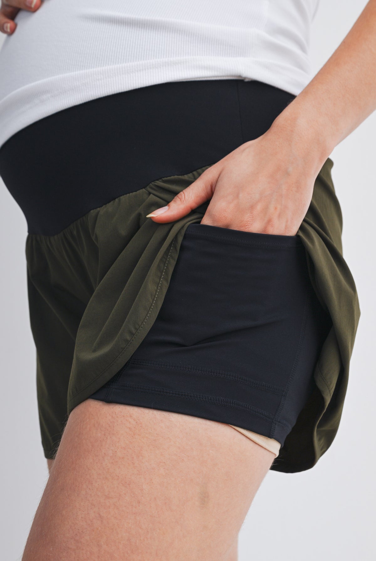 Olive Active High Waisted Maternity Shorts with Built-In Pocket Liner Close Up