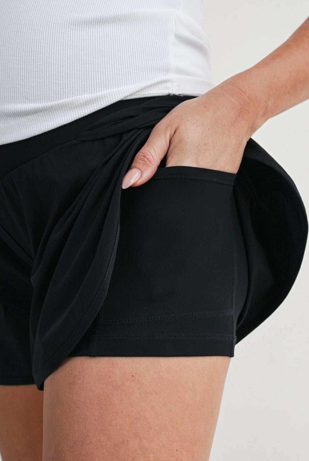 Black Active High Waisted Maternity Shorts with Built-In Pocket Liner Close Up Detail