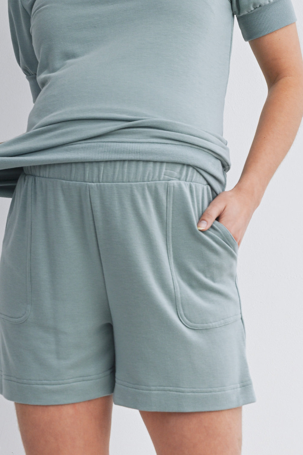 Sage French Terry Maternity Loungewear Set - Short Sleeve Top & Shorts Close Up