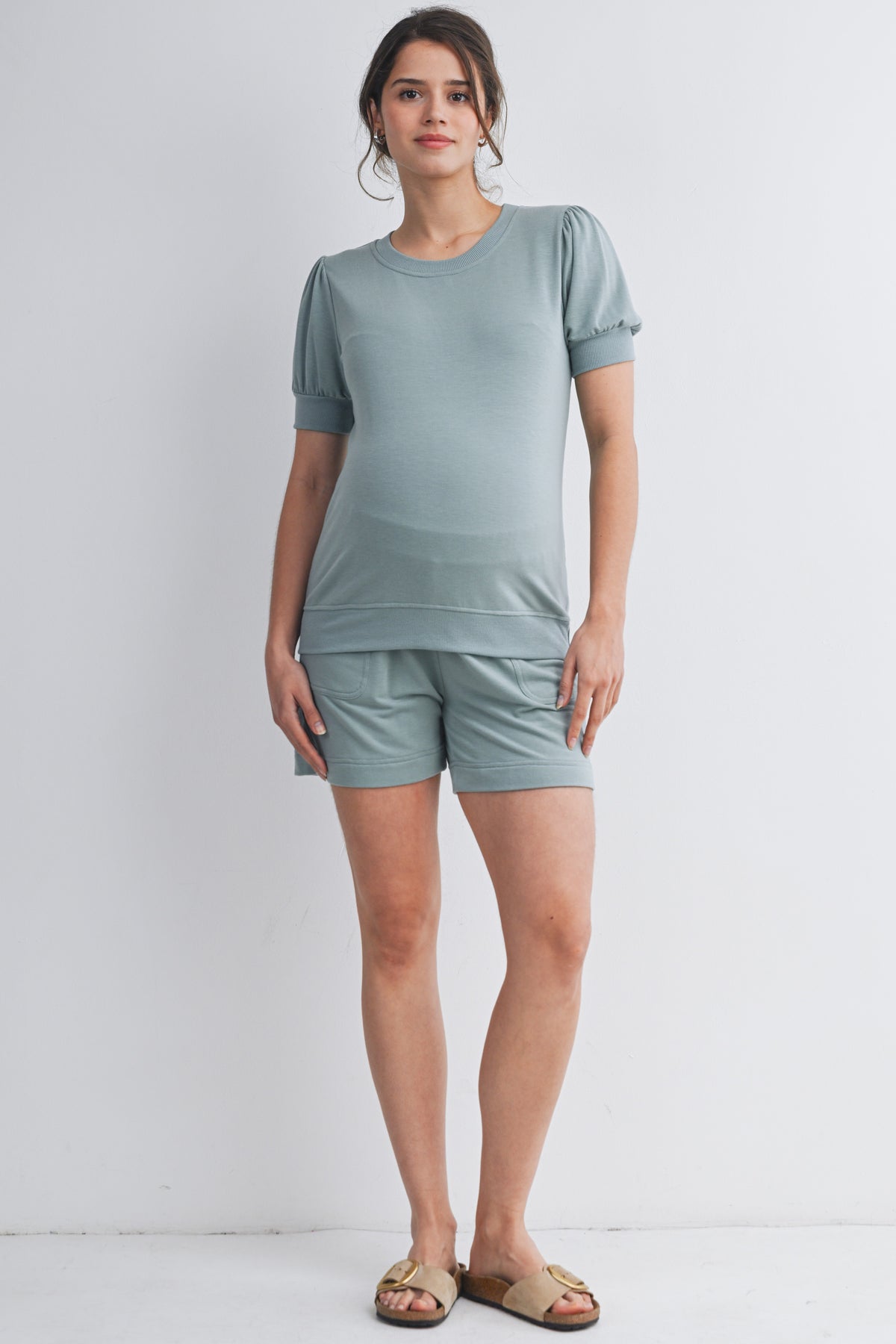 Sage French Terry Maternity Loungewear Set - Short Sleeve Top & Shorts Full Body