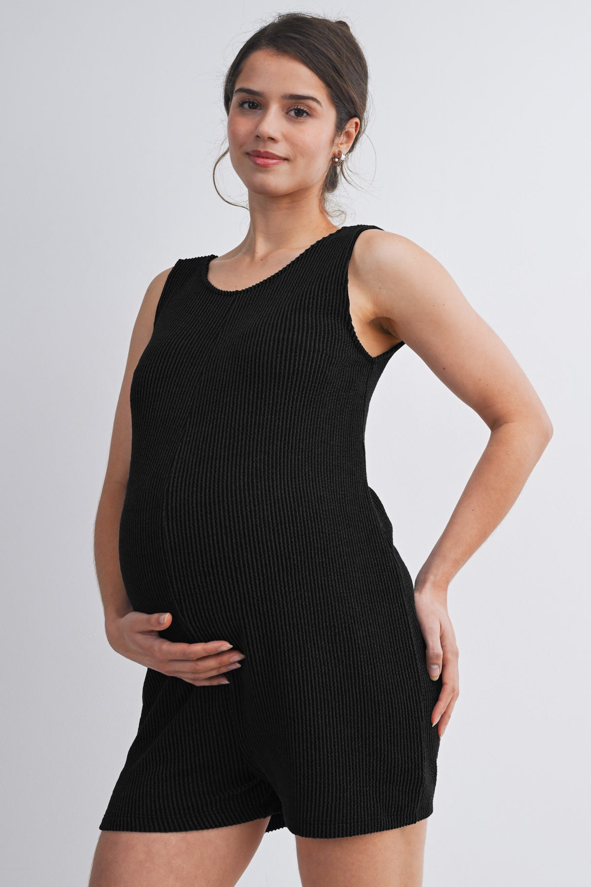 Black Ribbed Sleeveless Scoop Neck Maternity Romper Side View