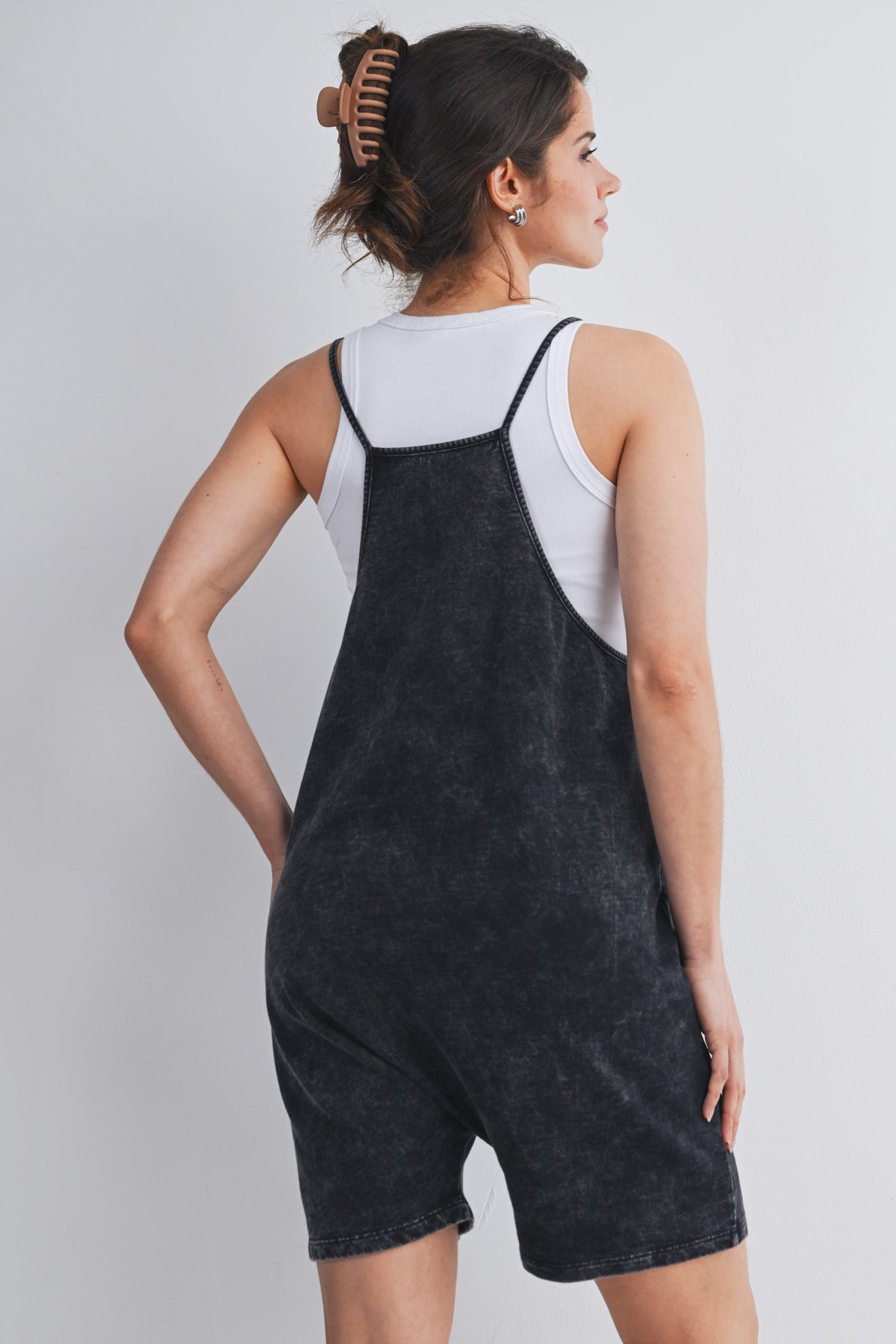 Washed Black Washed Black Loose Fit Casual Maternity Romper with Pockets Back View