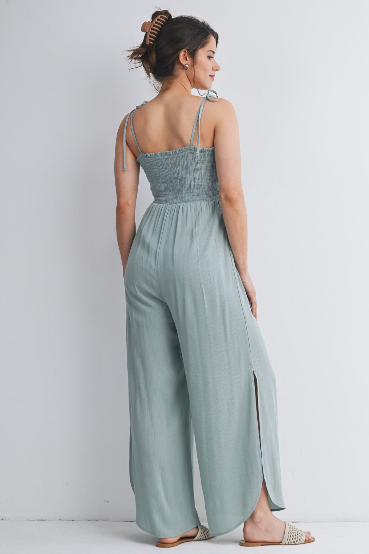 Sage Smocked Tie Strap Wide Leg Maternity Jumpsuit Back View