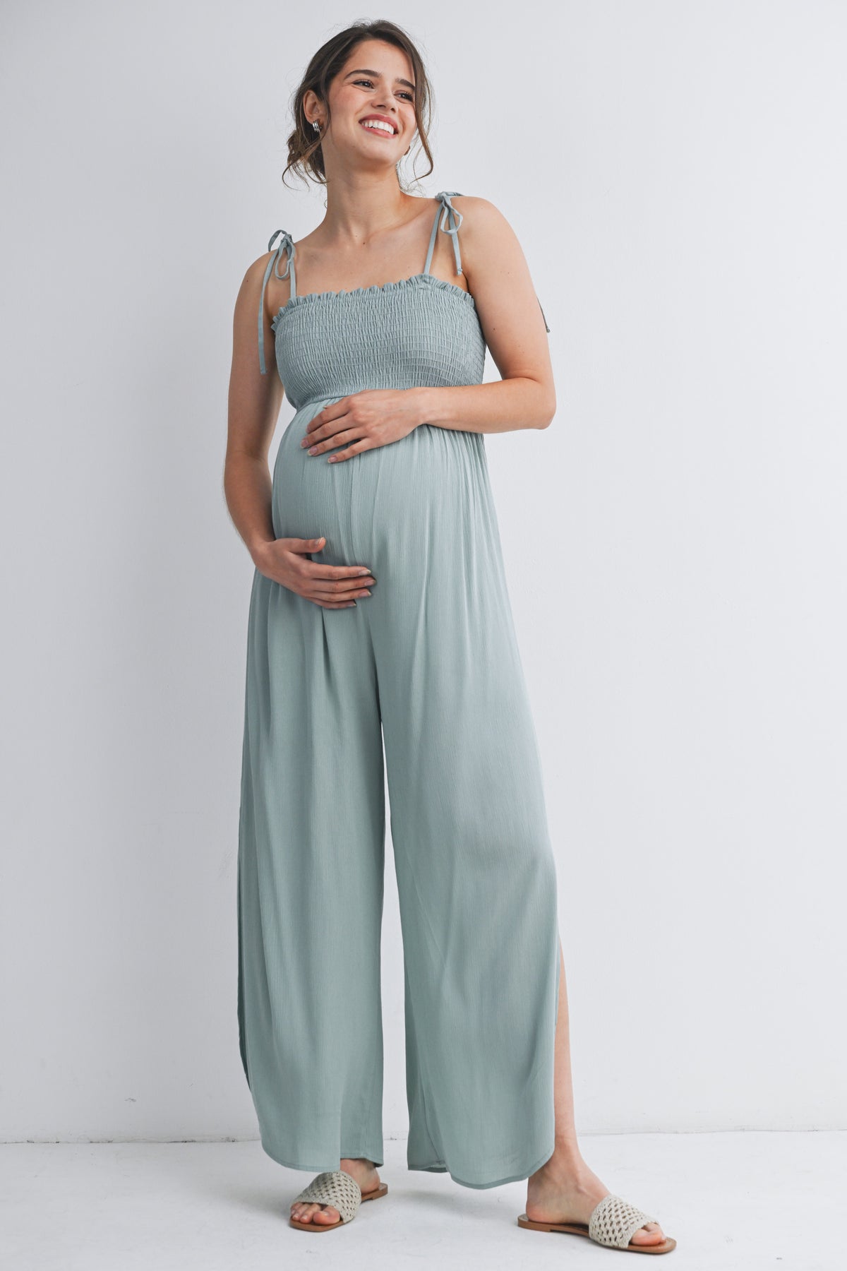 Sage Smocked Tie Strap Wide Leg Maternity Jumpsuit Sage Front View