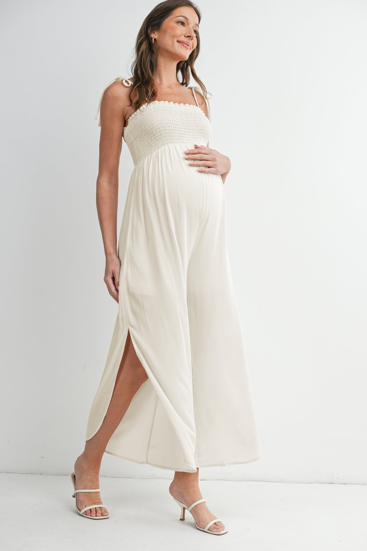 Oatmeal Smocked Tie Strap Wide Leg Maternity Jumpsuit Side View