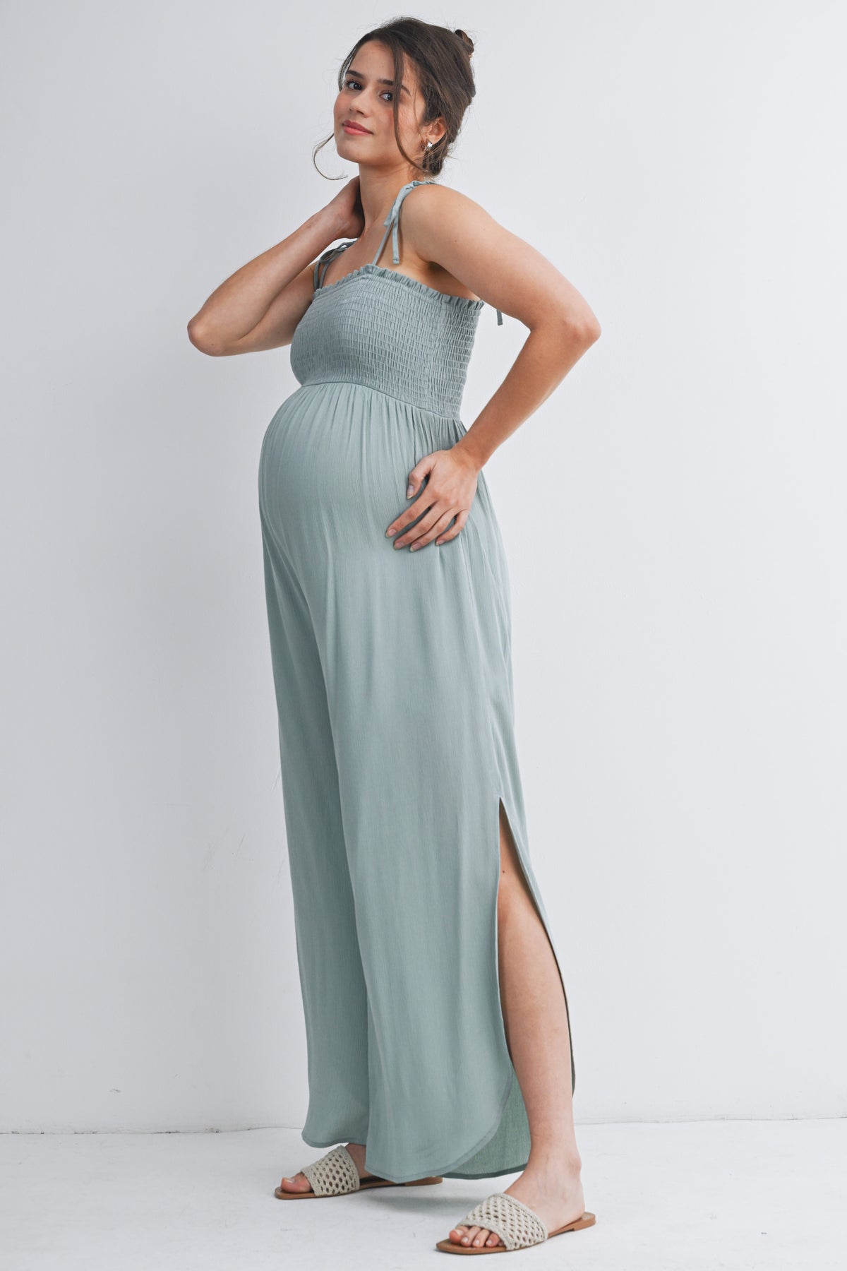Sage Smocked Tie Strap Wide Leg Maternity Jumpsuit Side View
