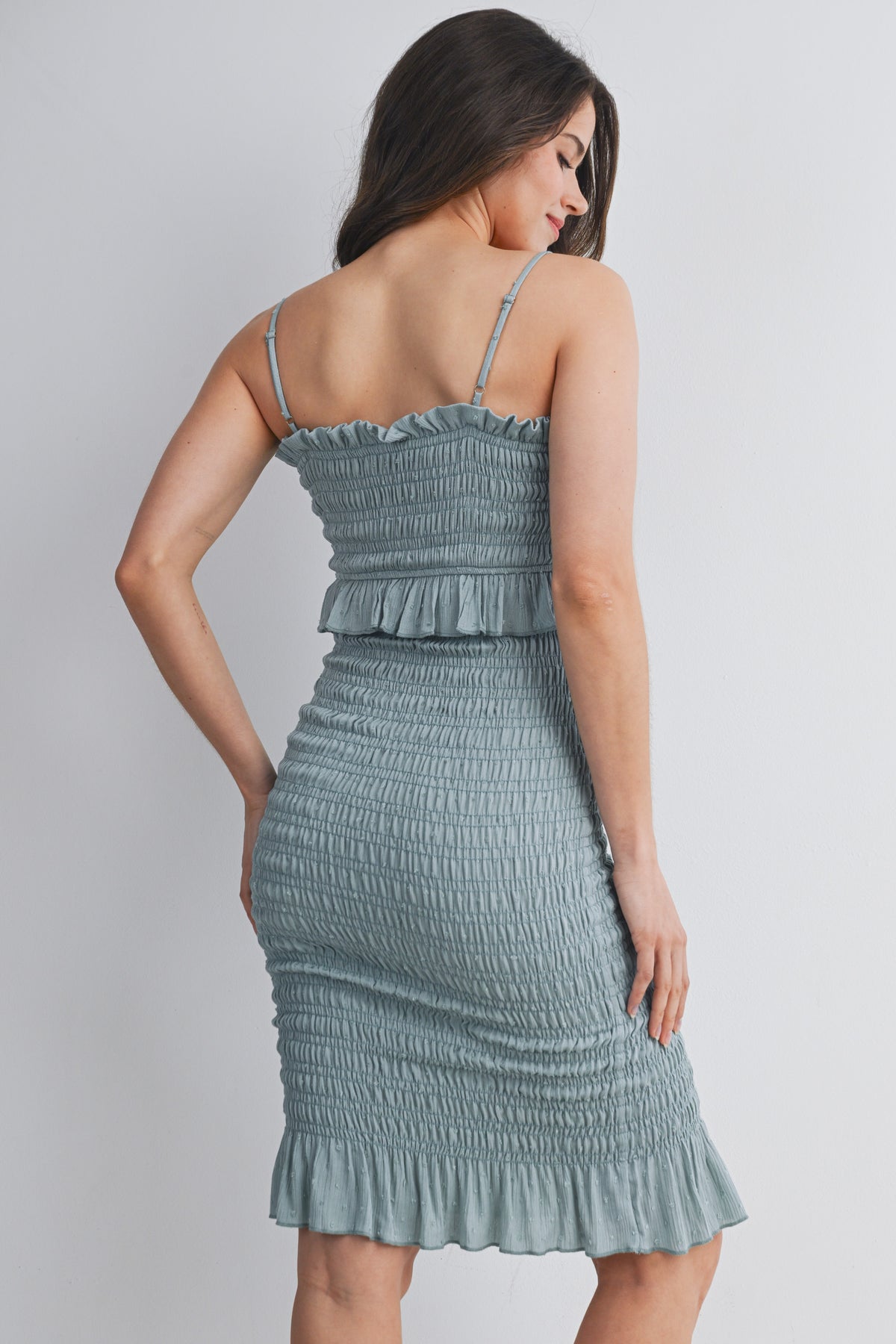 Sage Smocked Spaghetti Strap Maternity Dress with Ruffle Hem Back View