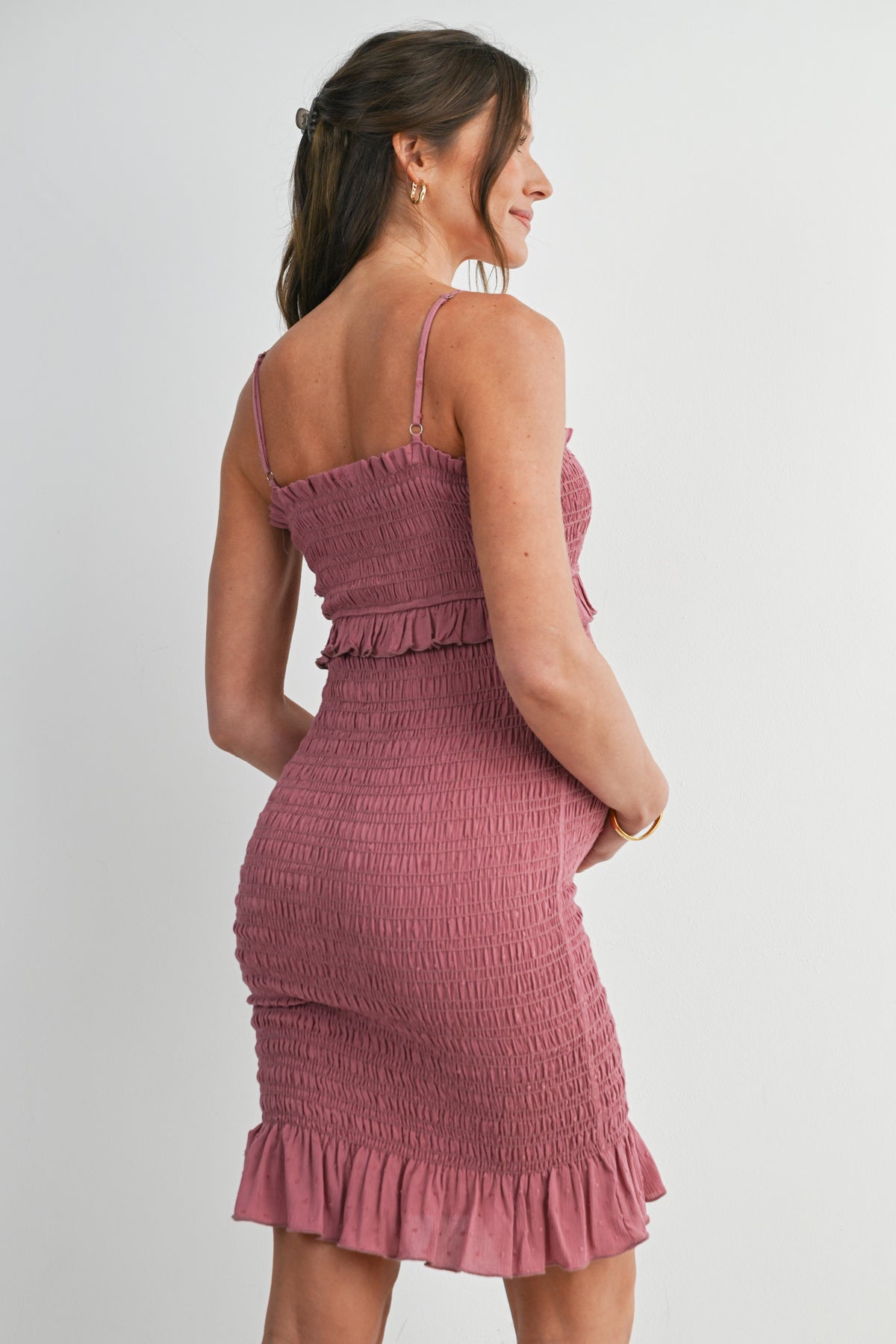 Mauve Smocked Spaghetti Strap Maternity Dress with Ruffle Hem Back View