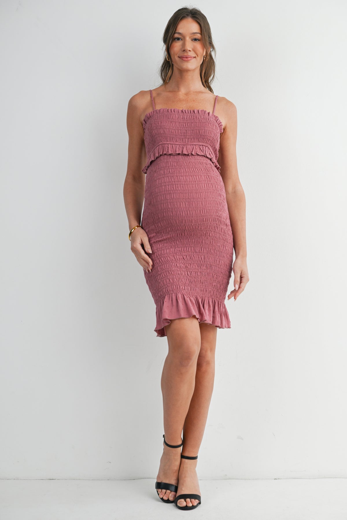 Mauve Smocked Spaghetti Strap Maternity Dress with Ruffle Hem Full Body