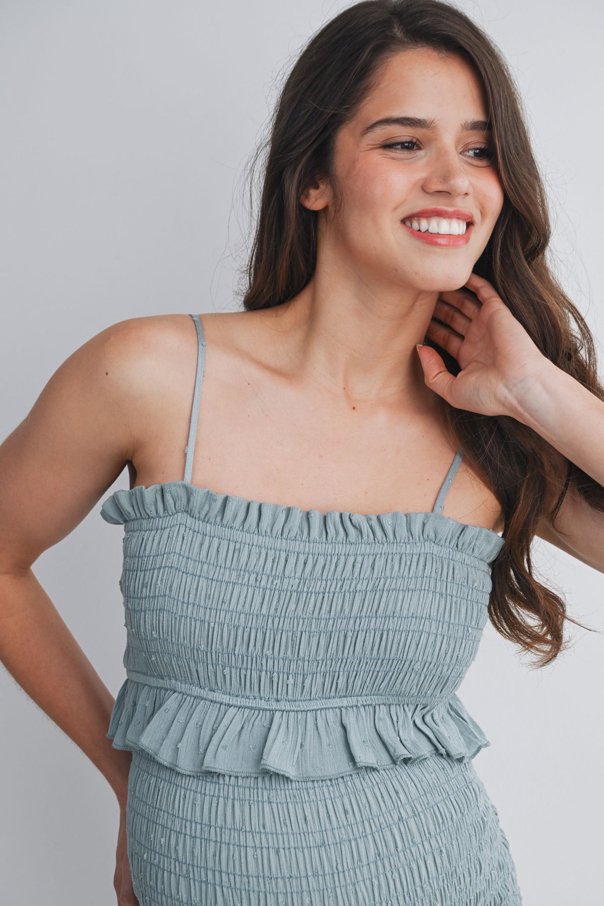 Sage Smocked Spaghetti Strap Maternity Dress with Ruffle Hem Close Up