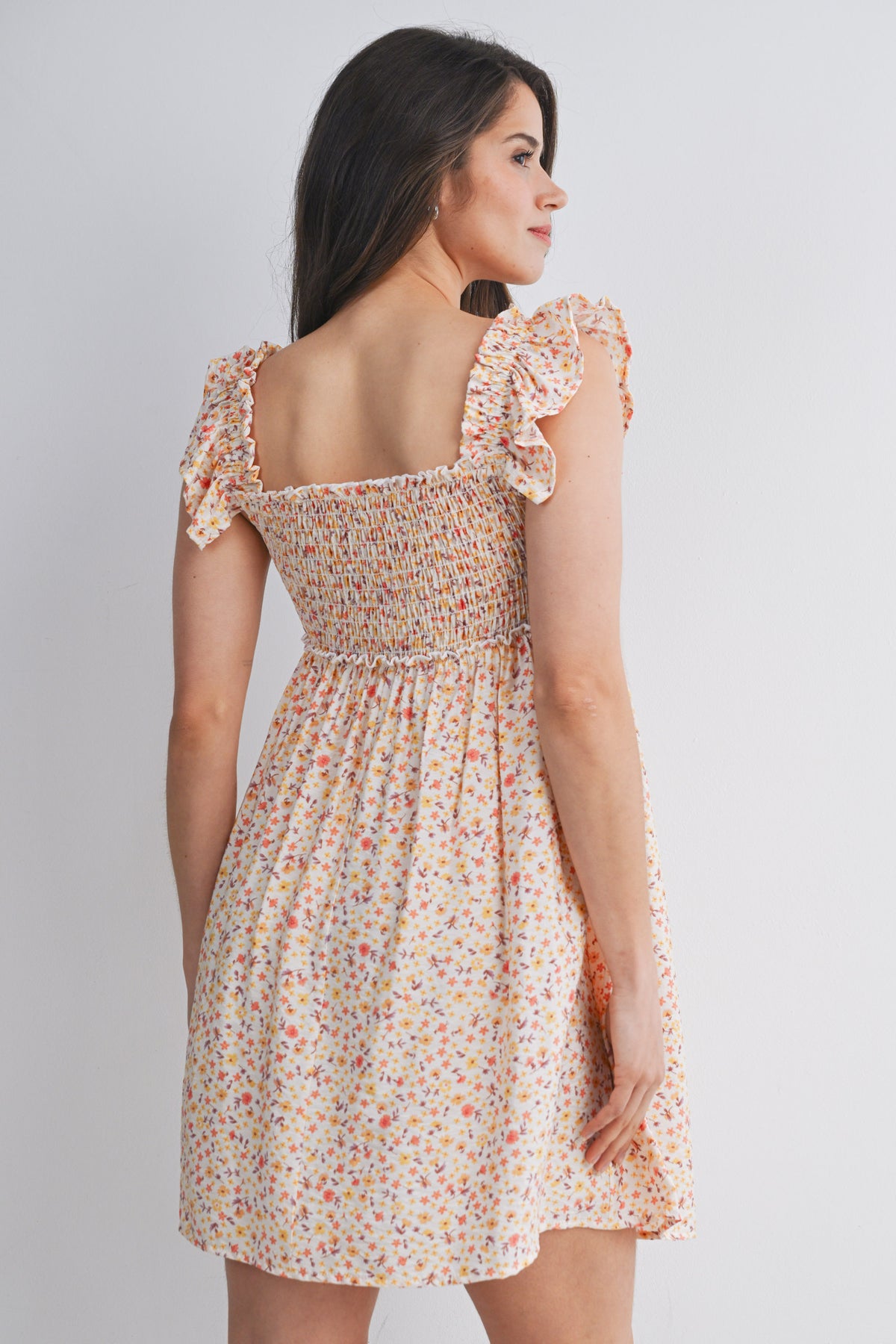 Cream Floral Smocked Empire Waist Ruffle Cap Sleeves Maternity Dress Back View