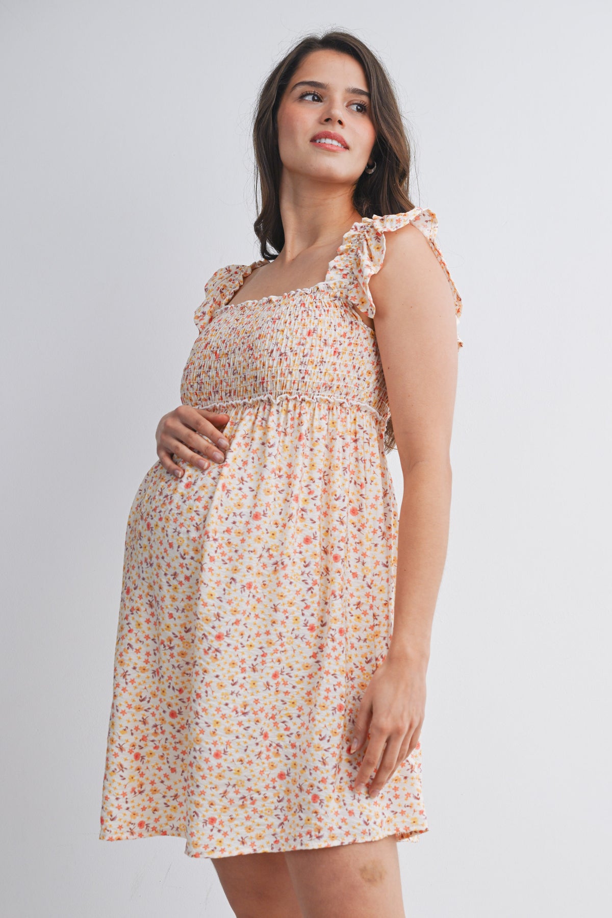Cream Floral Smocked Empire Waist Ruffle Cap Sleeves Maternity Dress Side View