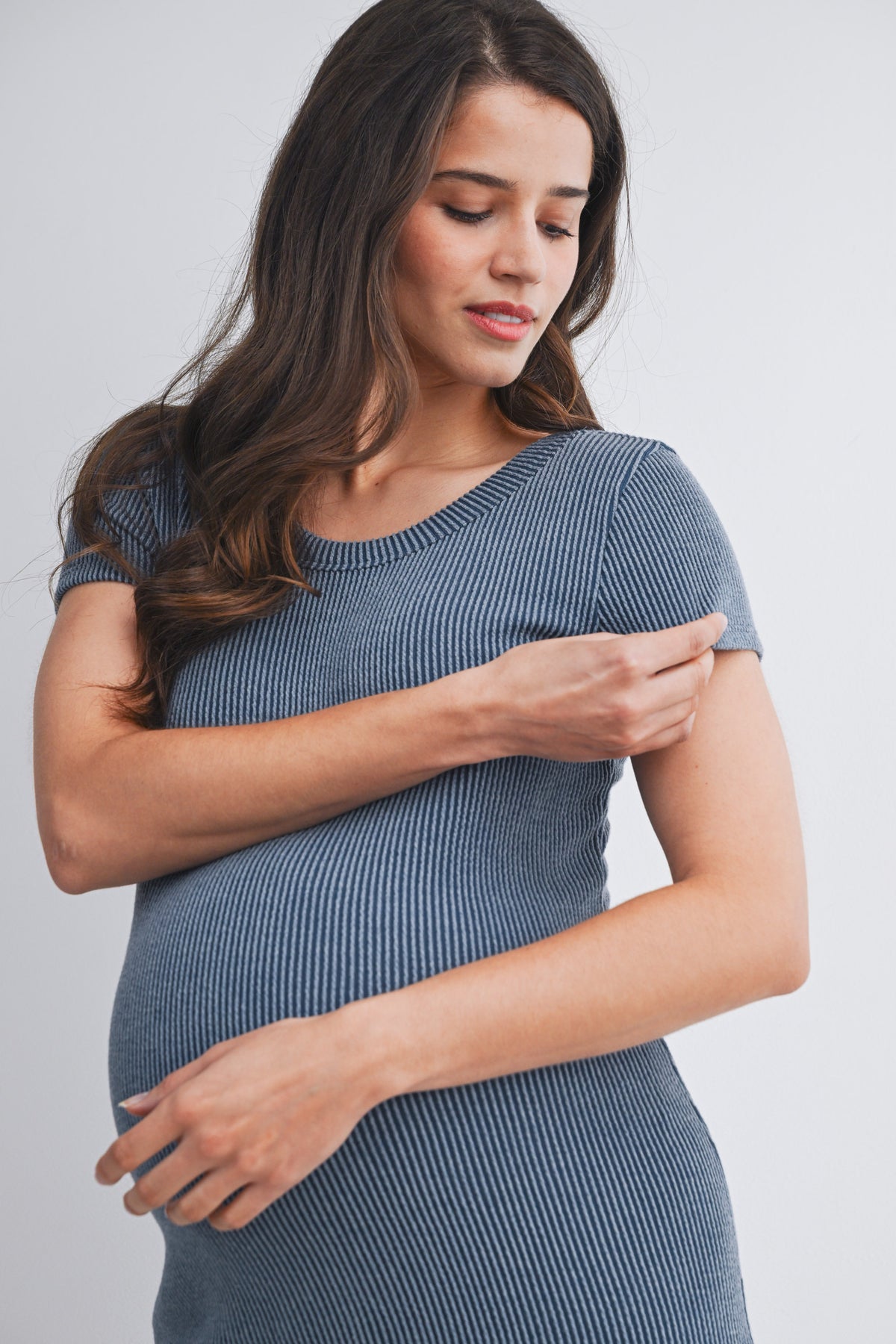 Denim Bodycon Ribbed Scoop Neck Short Sleeve Maternity Dress Close Up