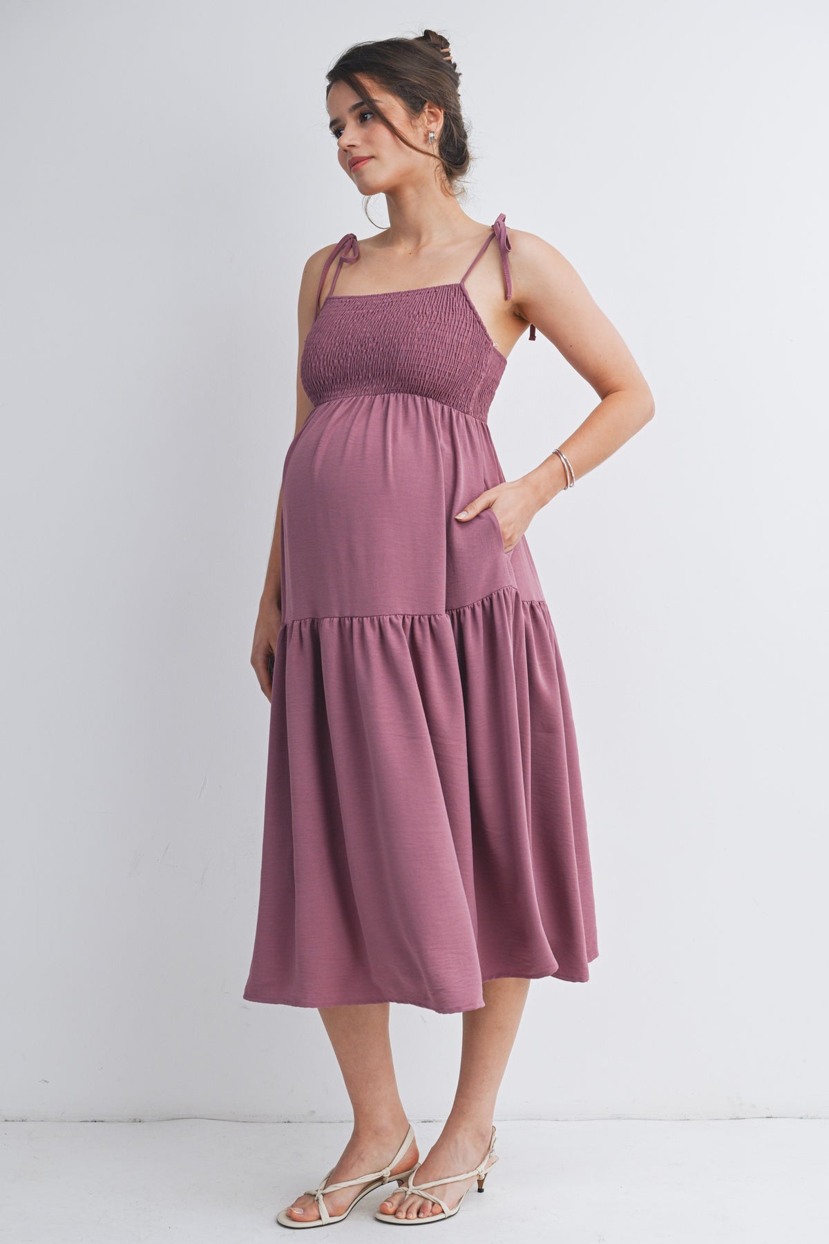Mauve Smocked Empire Waist Maternity Midi Dress with Tie Straps & Pockets Side View