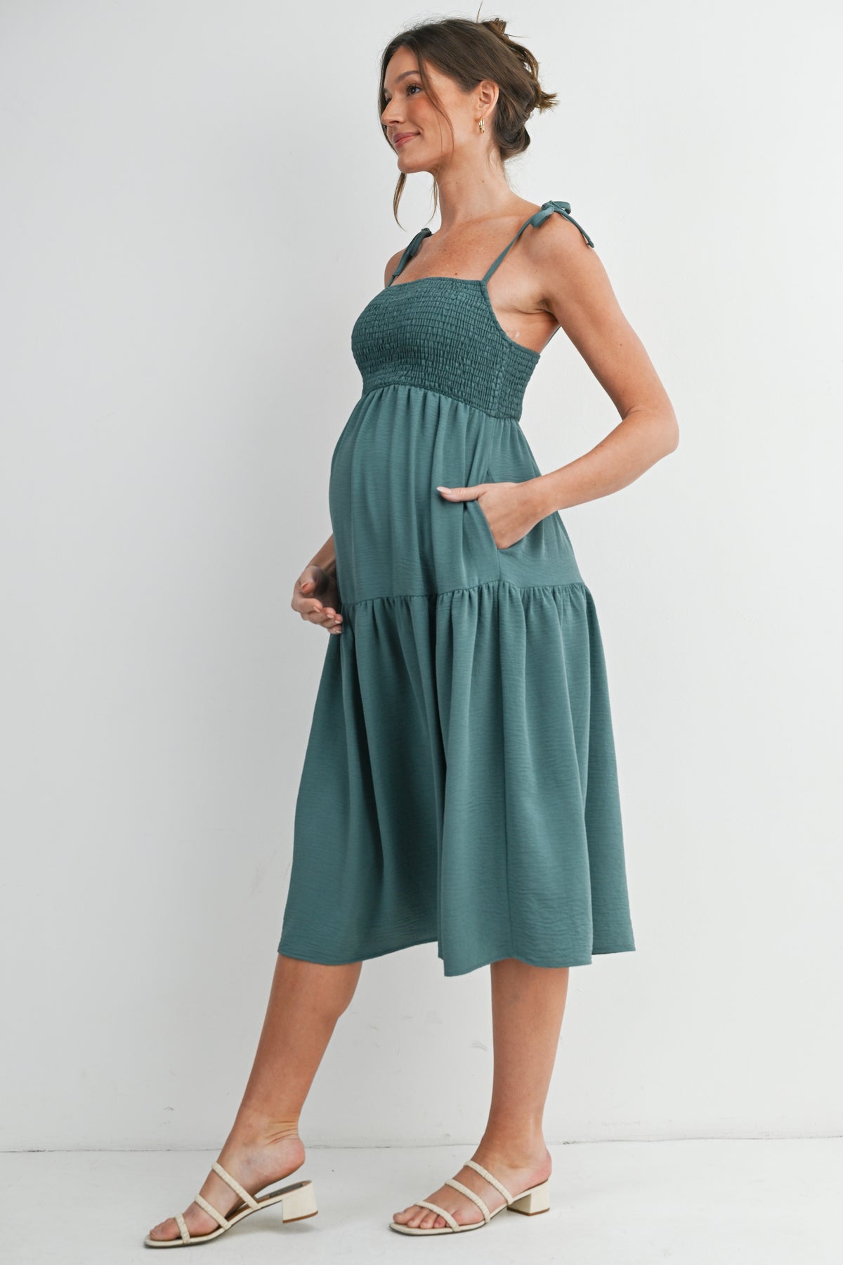 Green Smocked Empire Waist Maternity Midi Dress with Tie Straps & Pockets Side View