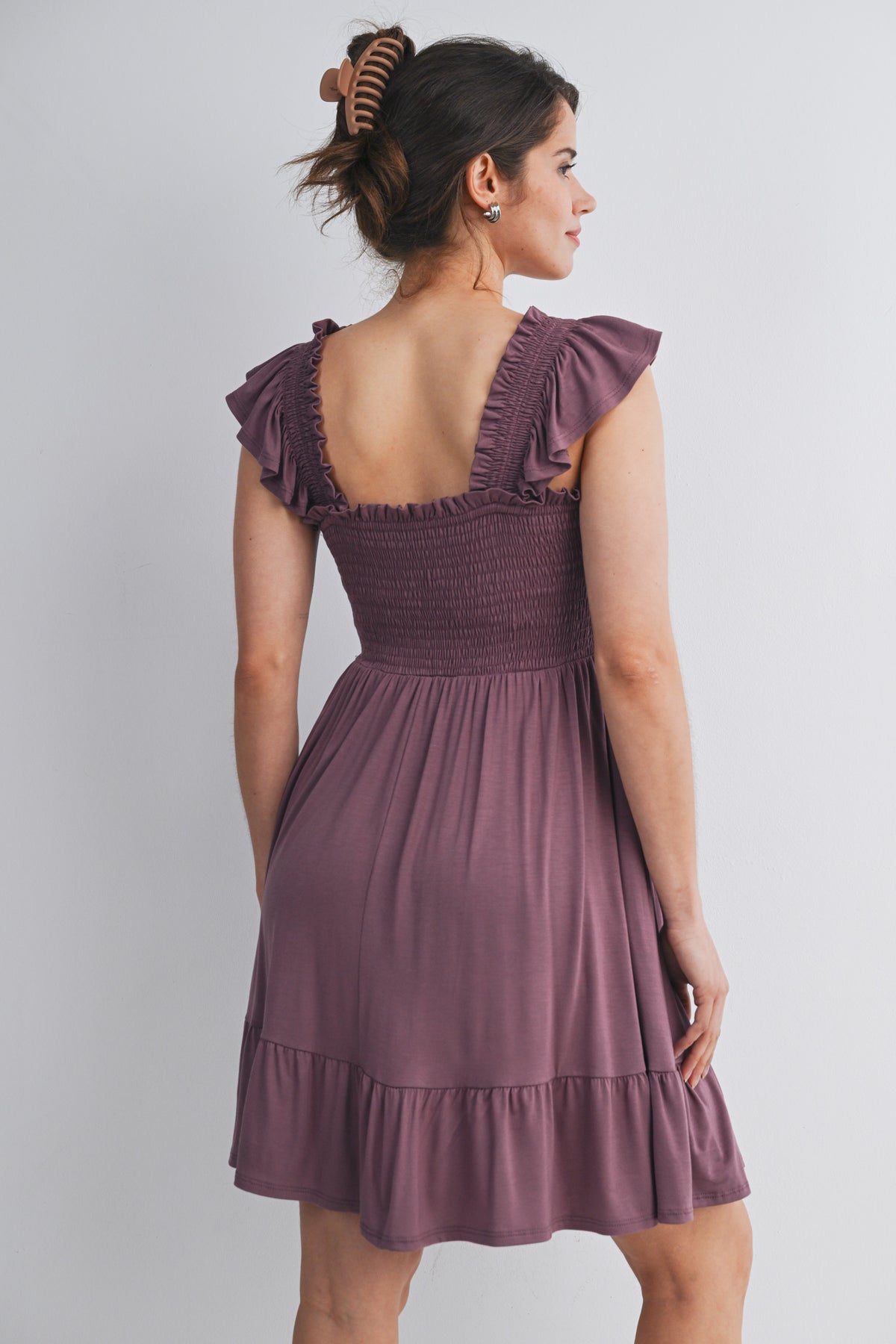 Mauve Smocked Empire Waist Maternity Dress with Ruffle Hem Back View