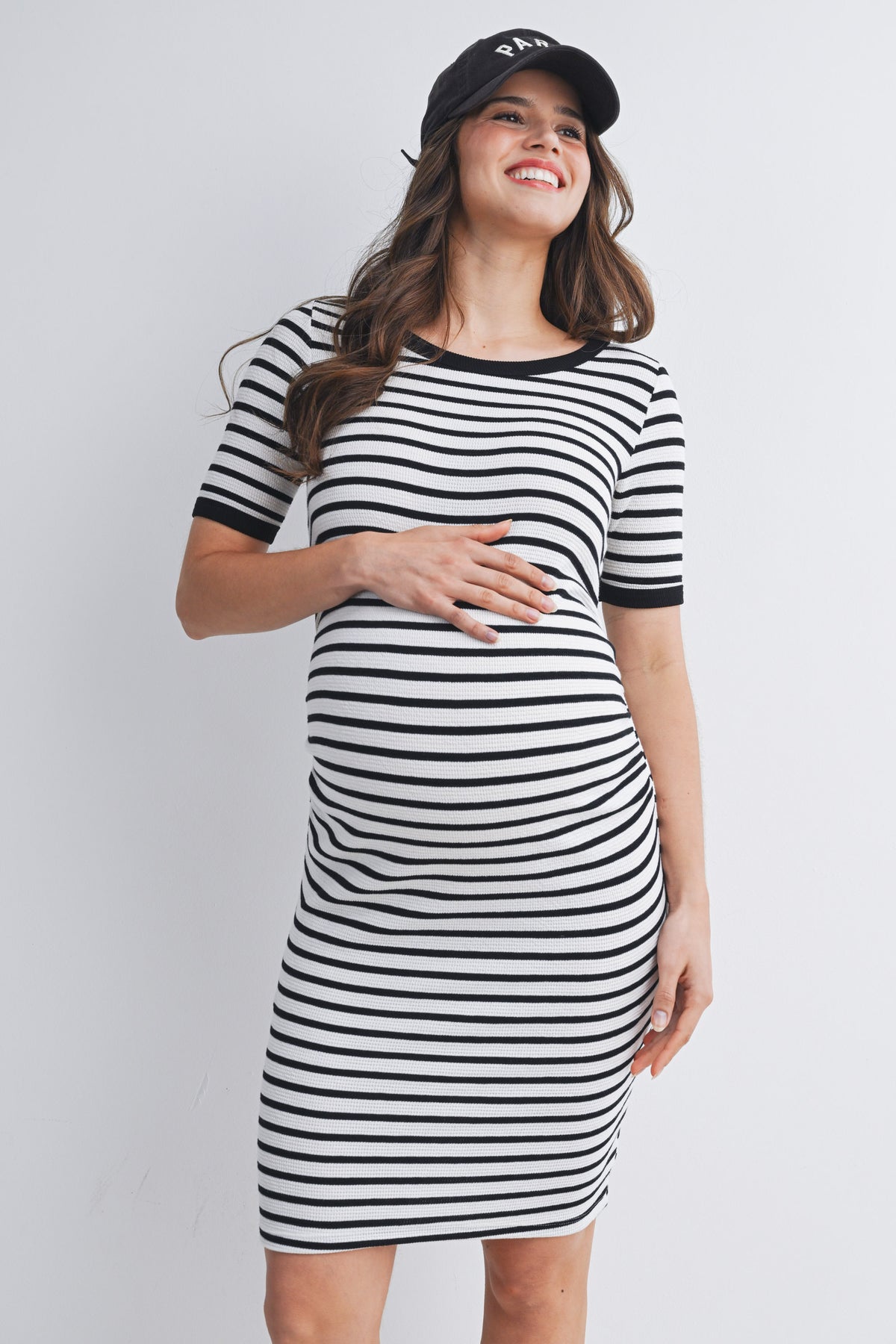 Cream/Black Casual Striped Short Sleeve Maternity Dress Front View