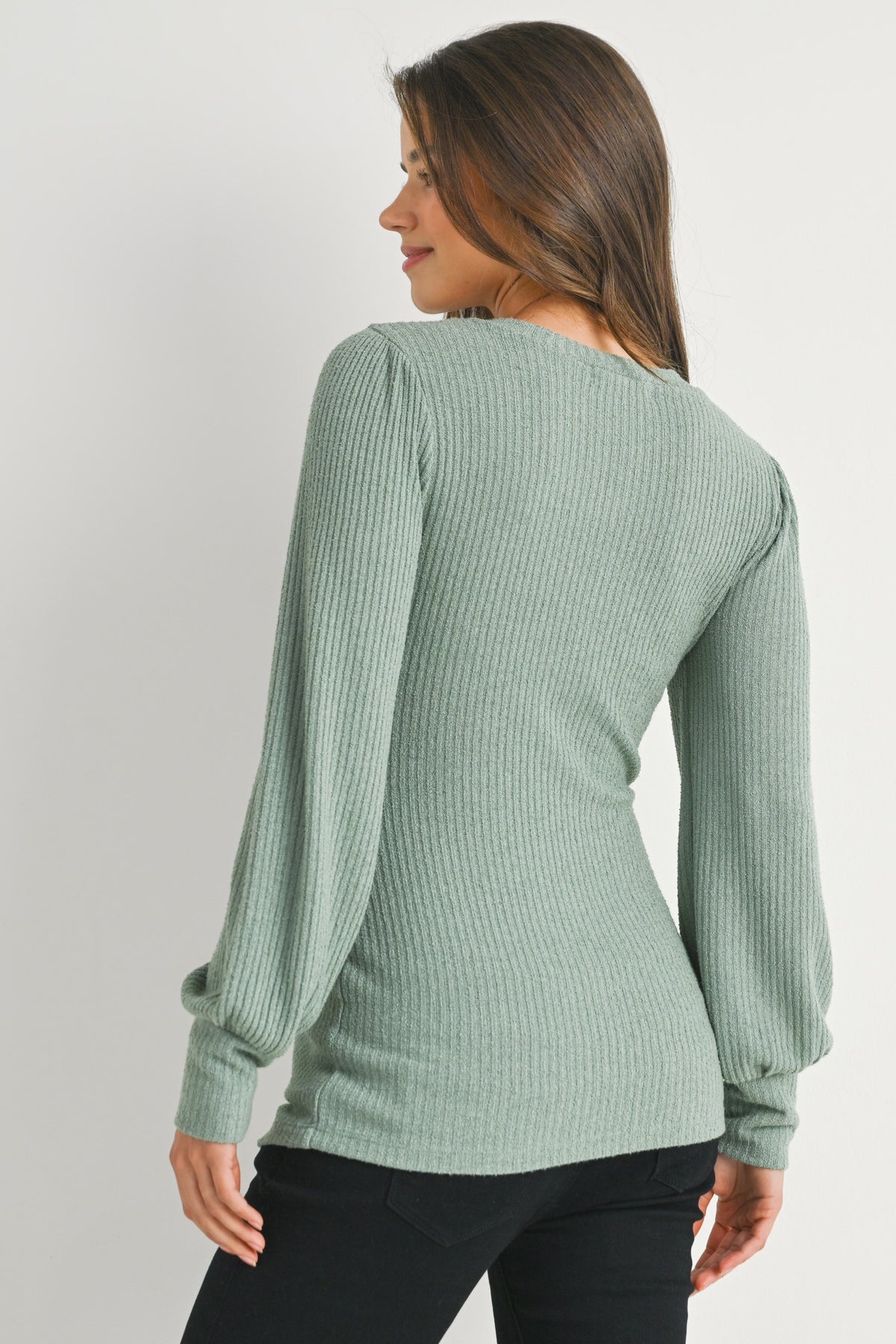 Sage Ribbed Long Sleeve V Neck Maternity Top Back View