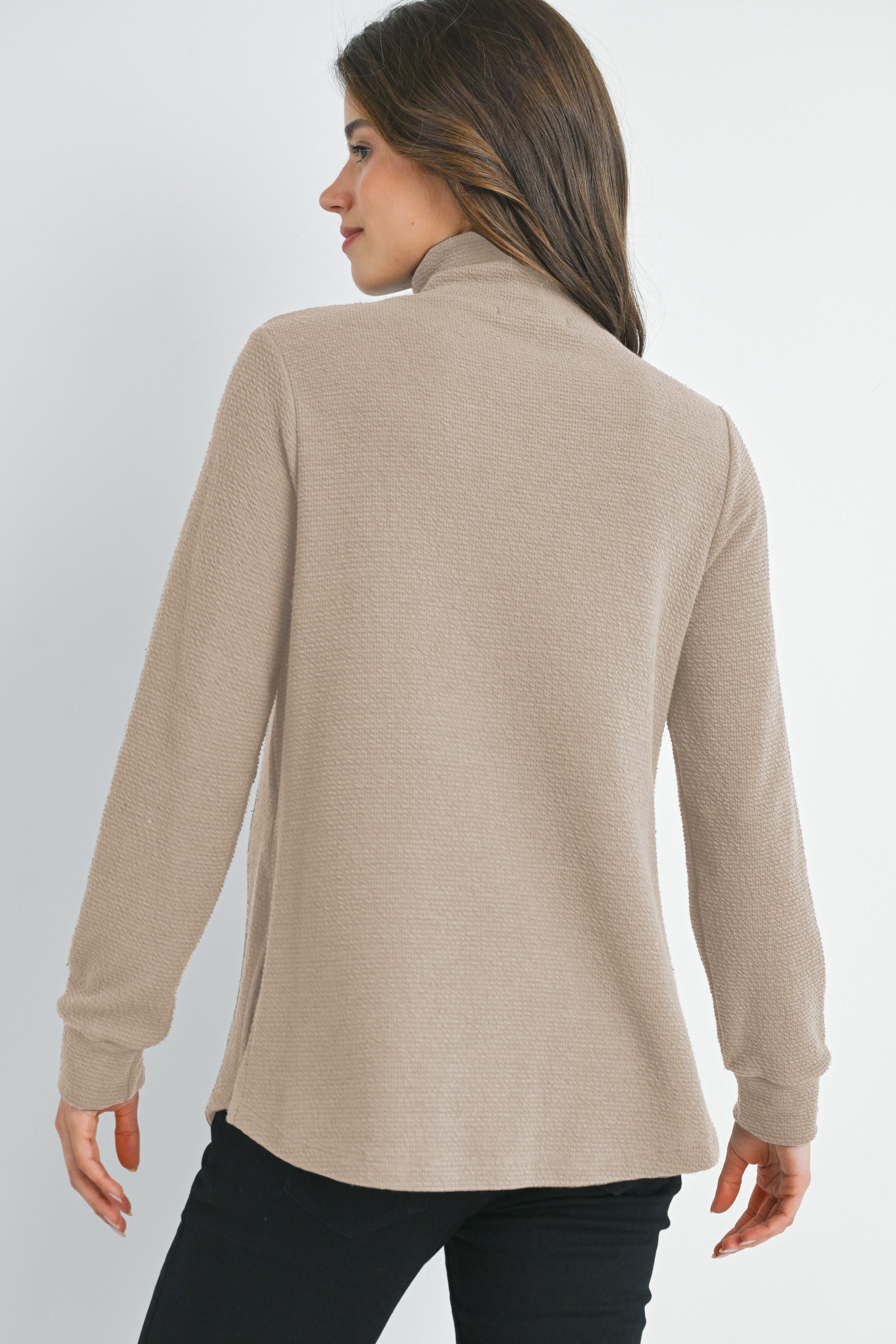 Taupe Quarter Zip Pull Over V Neck Maternity Knit Top Back View