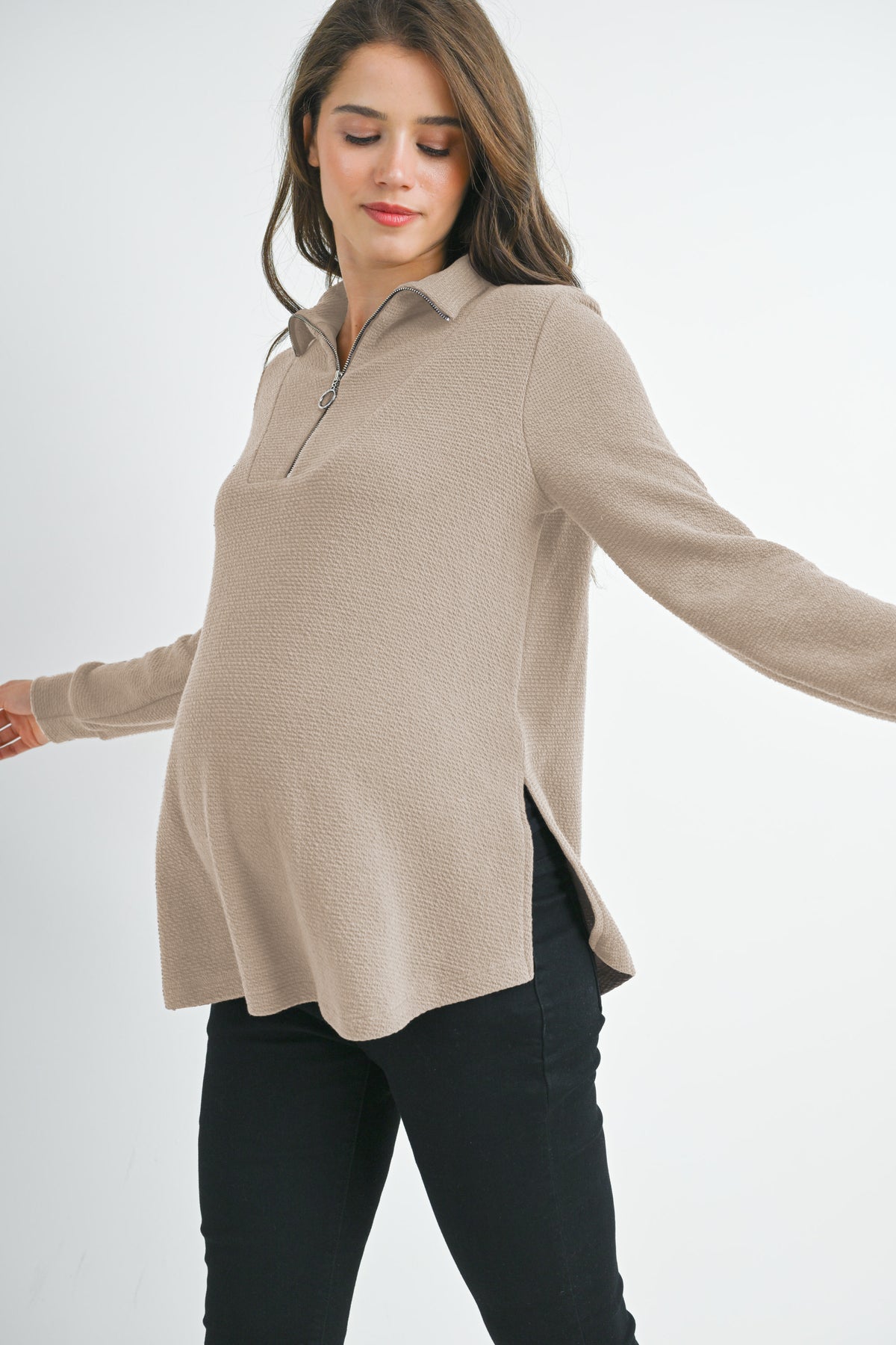 Taupe Quarter Zip Pull Over V Neck Maternity Knit Top Side View