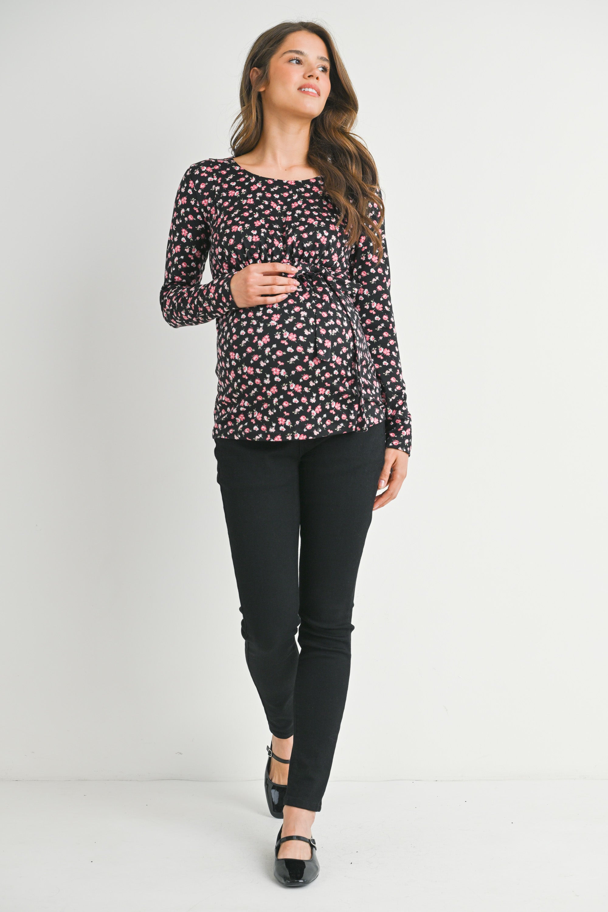 Floral Tie Front Long Sleeve Maternity Nursing Top Full Body