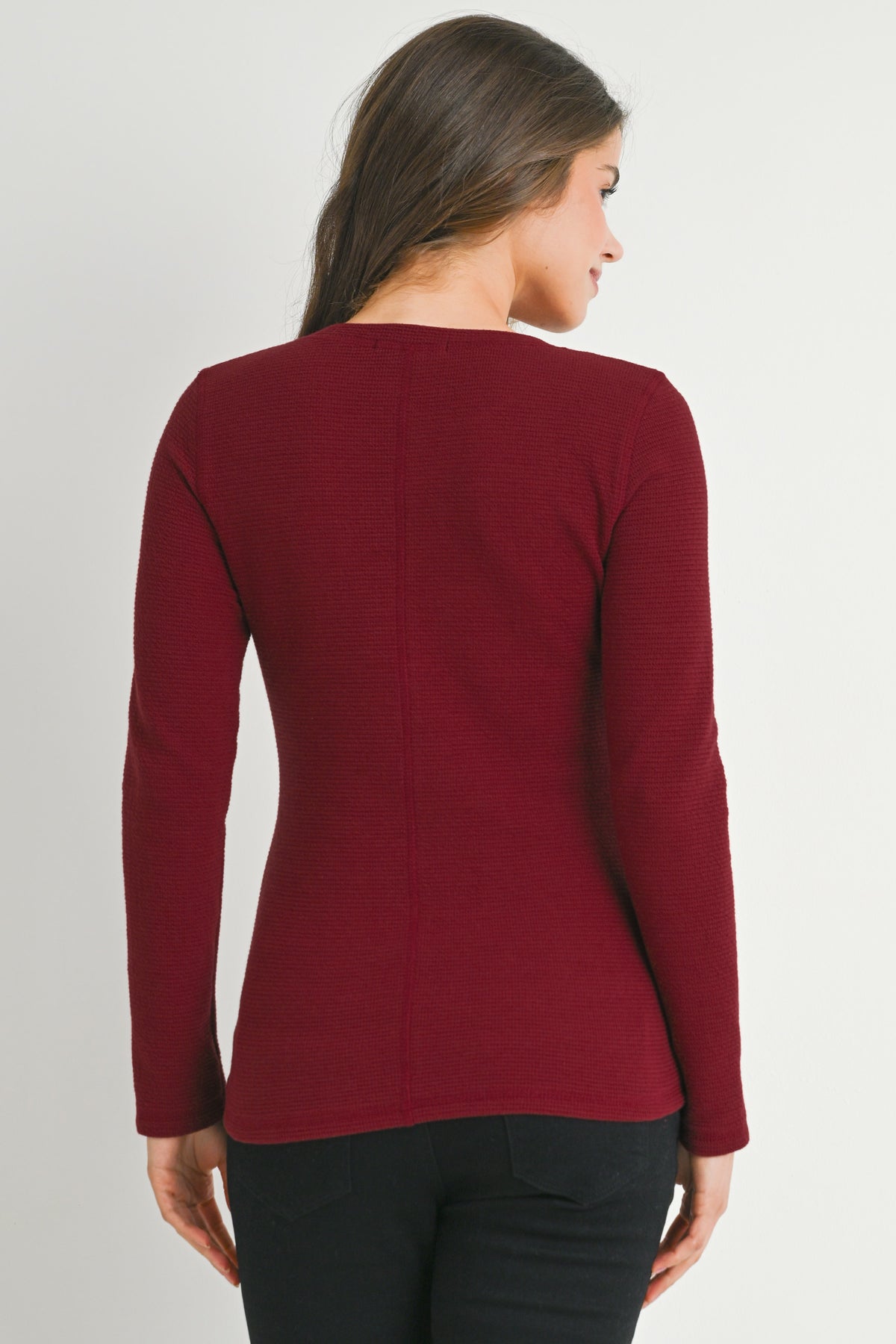 Burgundy Reverse Stitching Long Sleeve Crewneck Maternity Top Back View