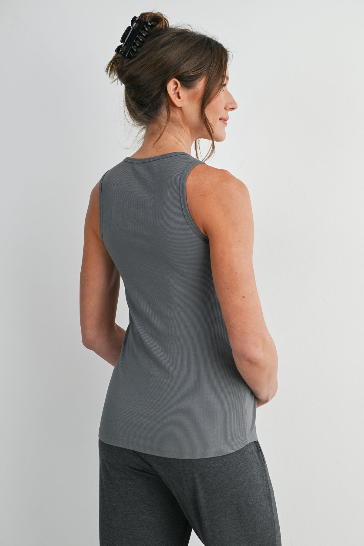 Olive Ribbed Sleeveless Maternity Nursing Tank Top with Lift-Up Panel Back View