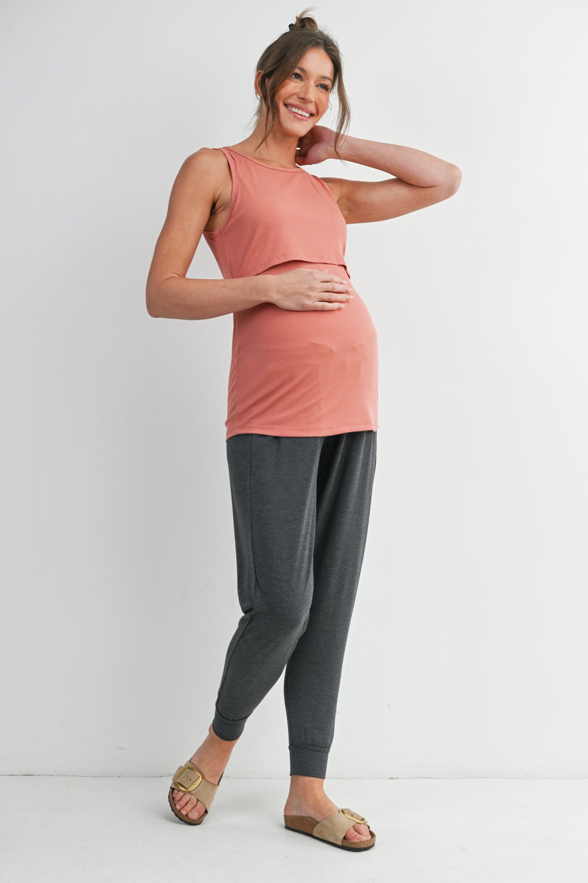 Coral Ribbed Sleeveless Maternity Nursing Tank Top with Lift-Up Panel Full Body