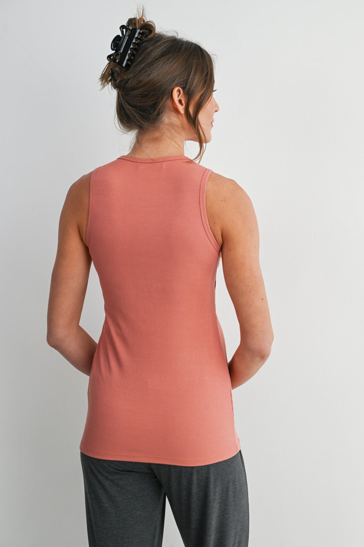 Coral Ribbed Sleeveless Maternity Nursing Tank Top with Lift-Up Panel Back View