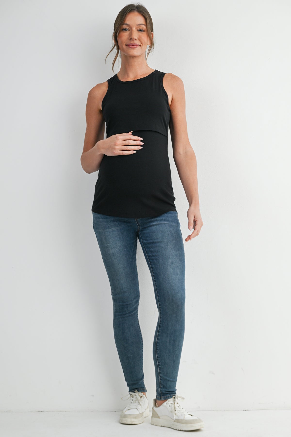 Black Ribbed Sleeveless Maternity Nursing Tank Top with Lift-Up Panel Full Body