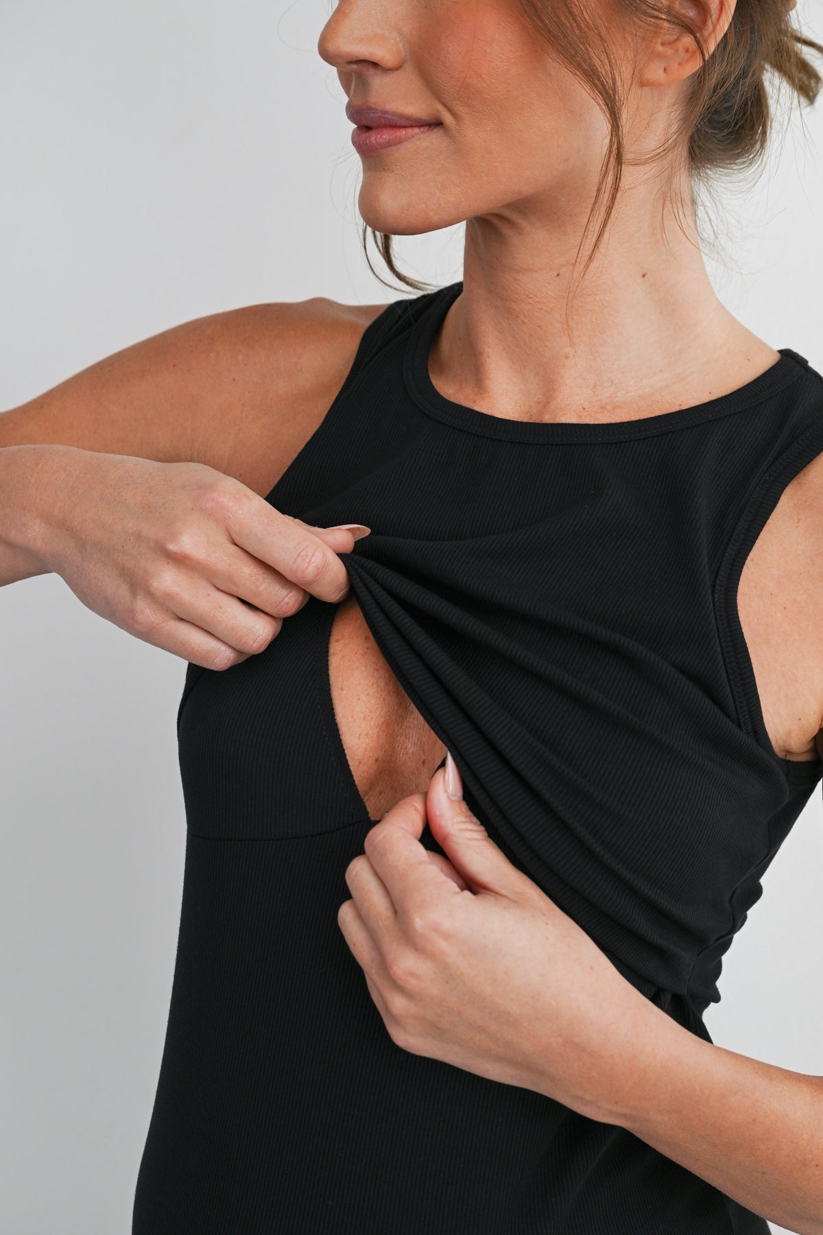 Black Ribbed Sleeveless Maternity Nursing Tank Top with Lift-Up Panel Close Up