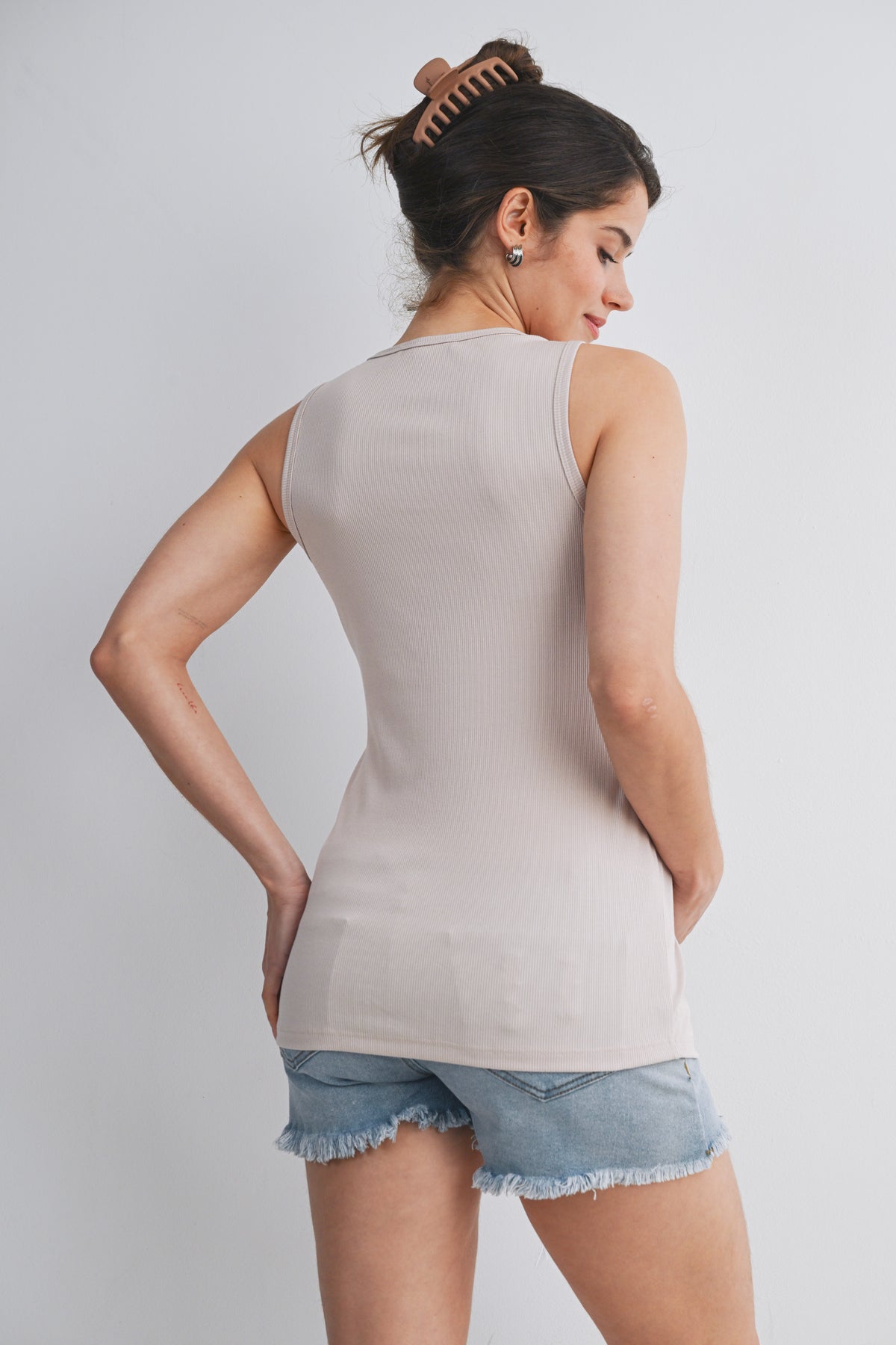 Beige Ribbed Sleeveless Maternity Nursing Tank Top with Lift-Up Panel Back View