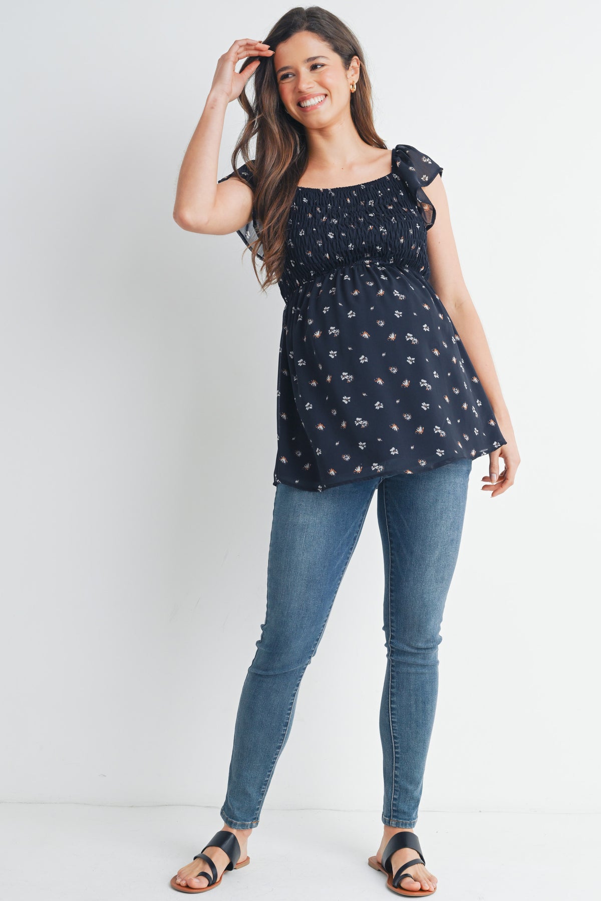 Dark Navy Smocked Floral Flutter Sleeve Maternity Top Full Body
