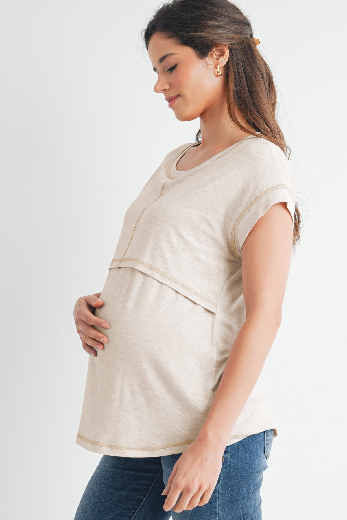 Oatmeal Double Layer Short Sleeve Maternity Nursing T Shirt Side View