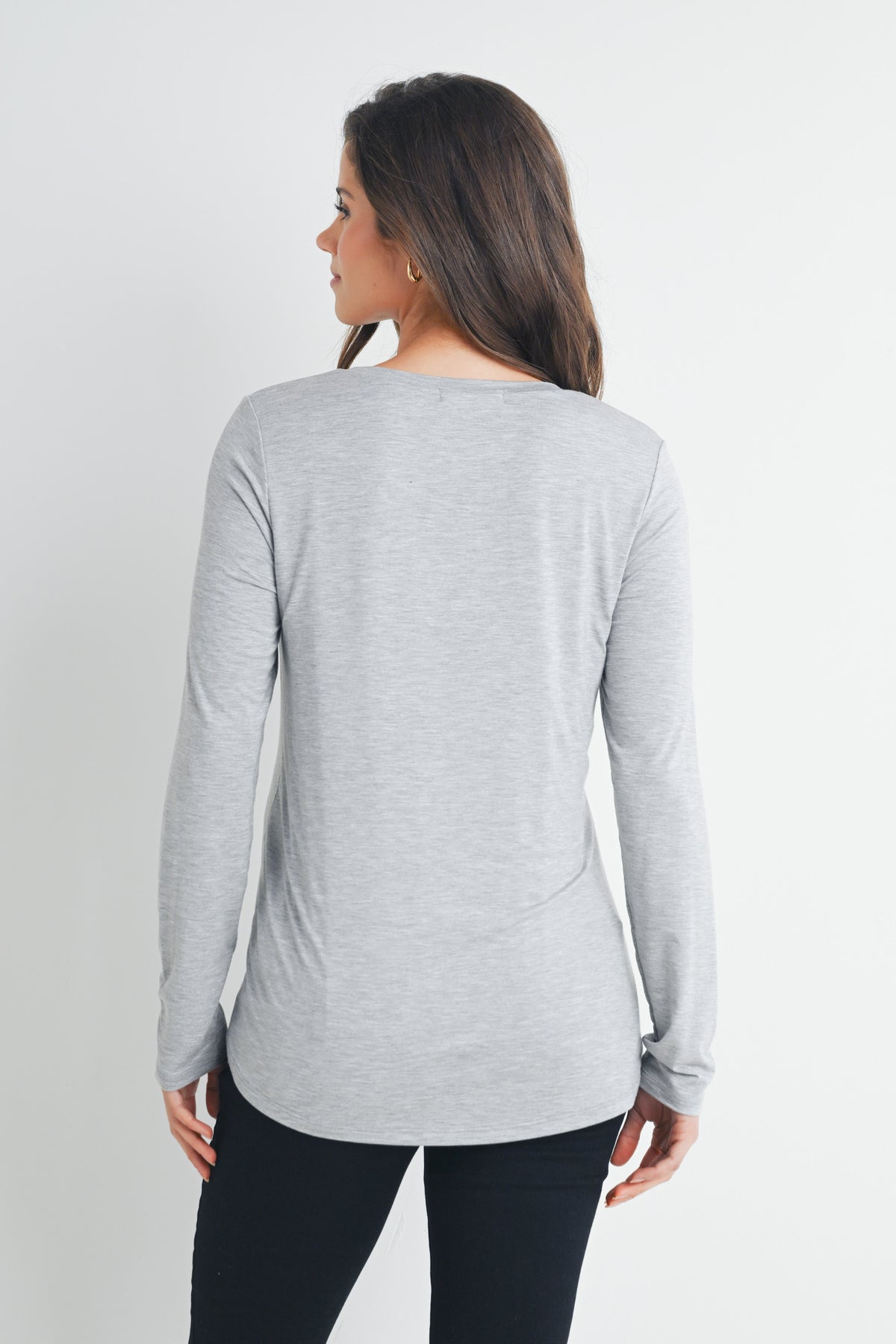Heather Grey Long Sleeve Scoop Neck Maternity Top Nursing Friendly Back View