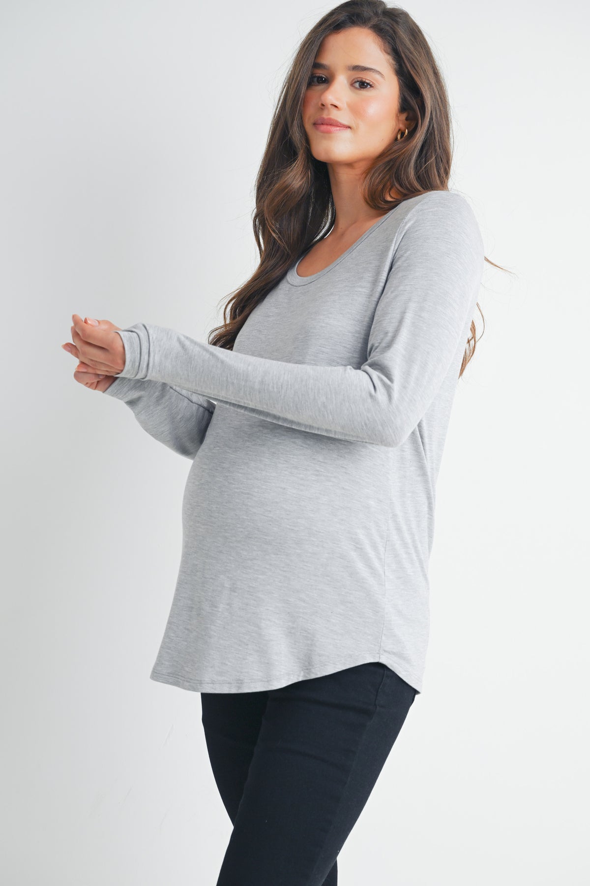 Heather Grey Long Sleeve Scoop Neck Maternity Top Nursing Friendly Side View