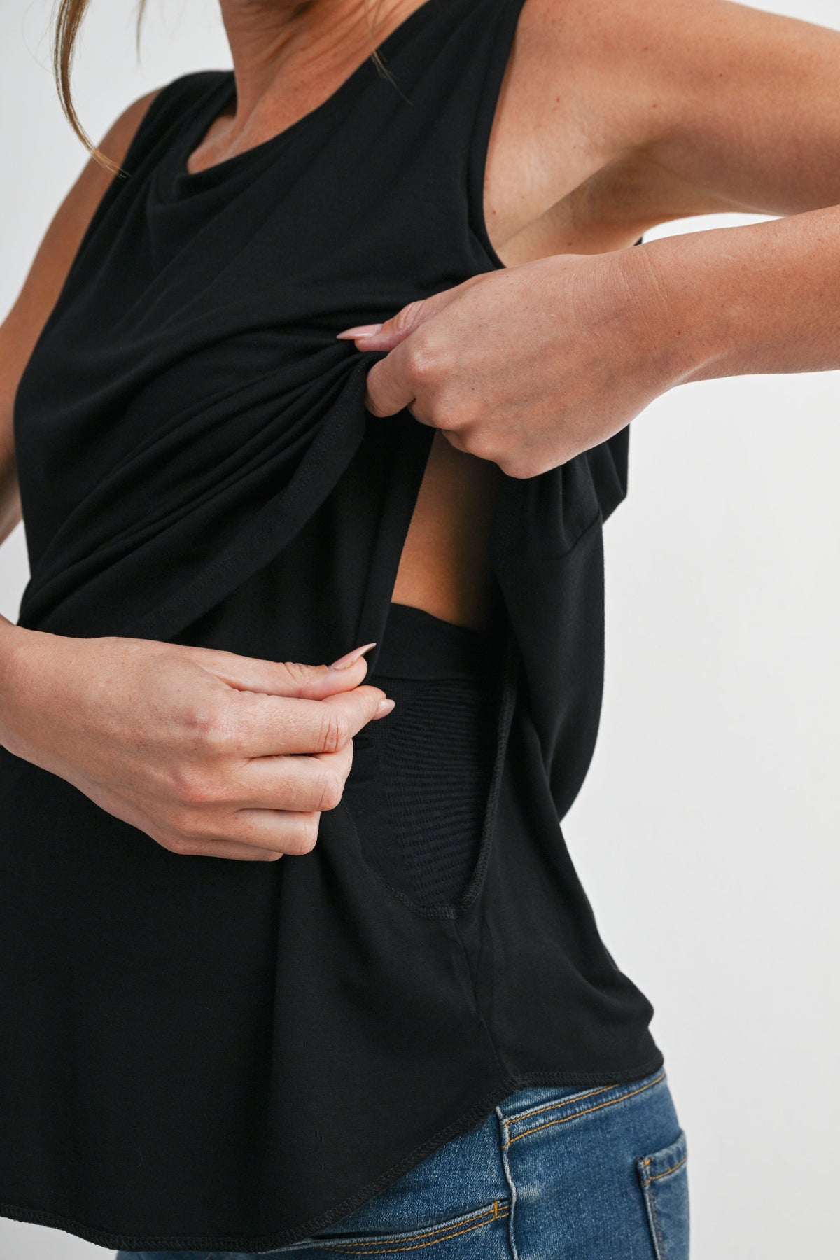 Black Casual Scoop Neck Discreet Side Access Maternity Nursing Tank Top Nursing Opening Close Up