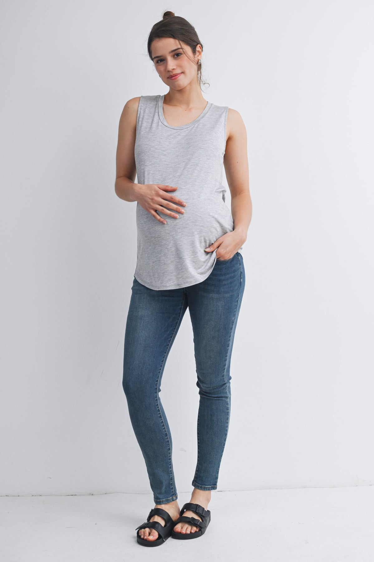 Heather Grey Casual Scoop Neck Discreet Side Access Maternity Nursing Tank Top Full Body View