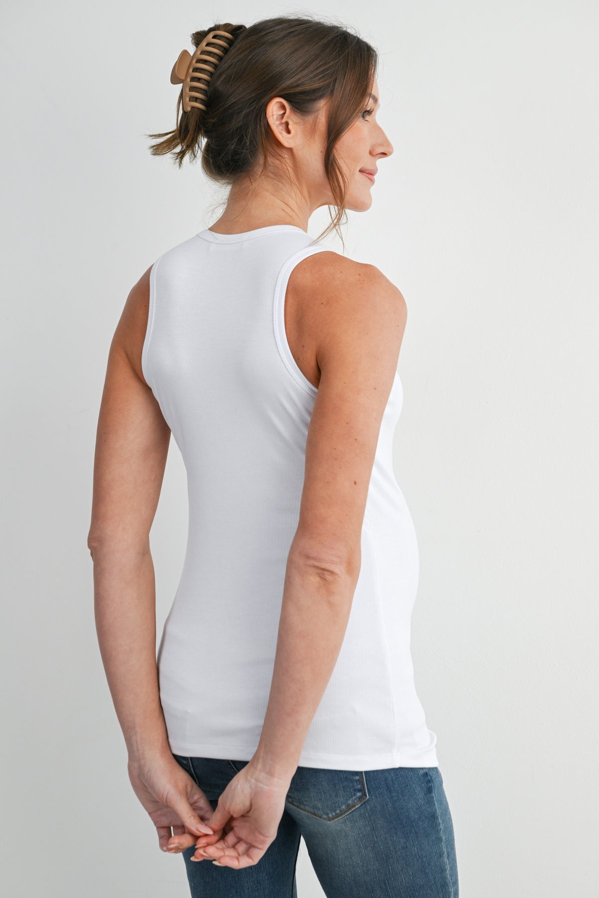 White Fitted Sleeveless Ribbed Henley Maternity Tank Top Nursing Friendly Back View