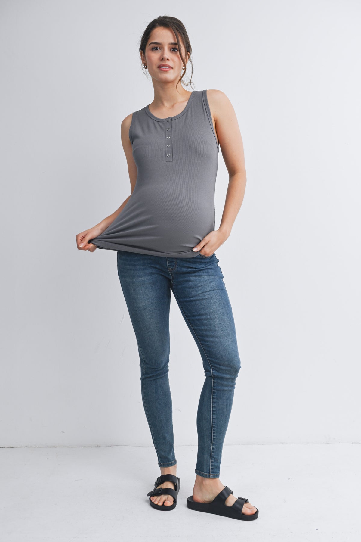 Olive Fitted Sleeveless Ribbed Henley Maternity Tank Top Nursing Friendly Full Body