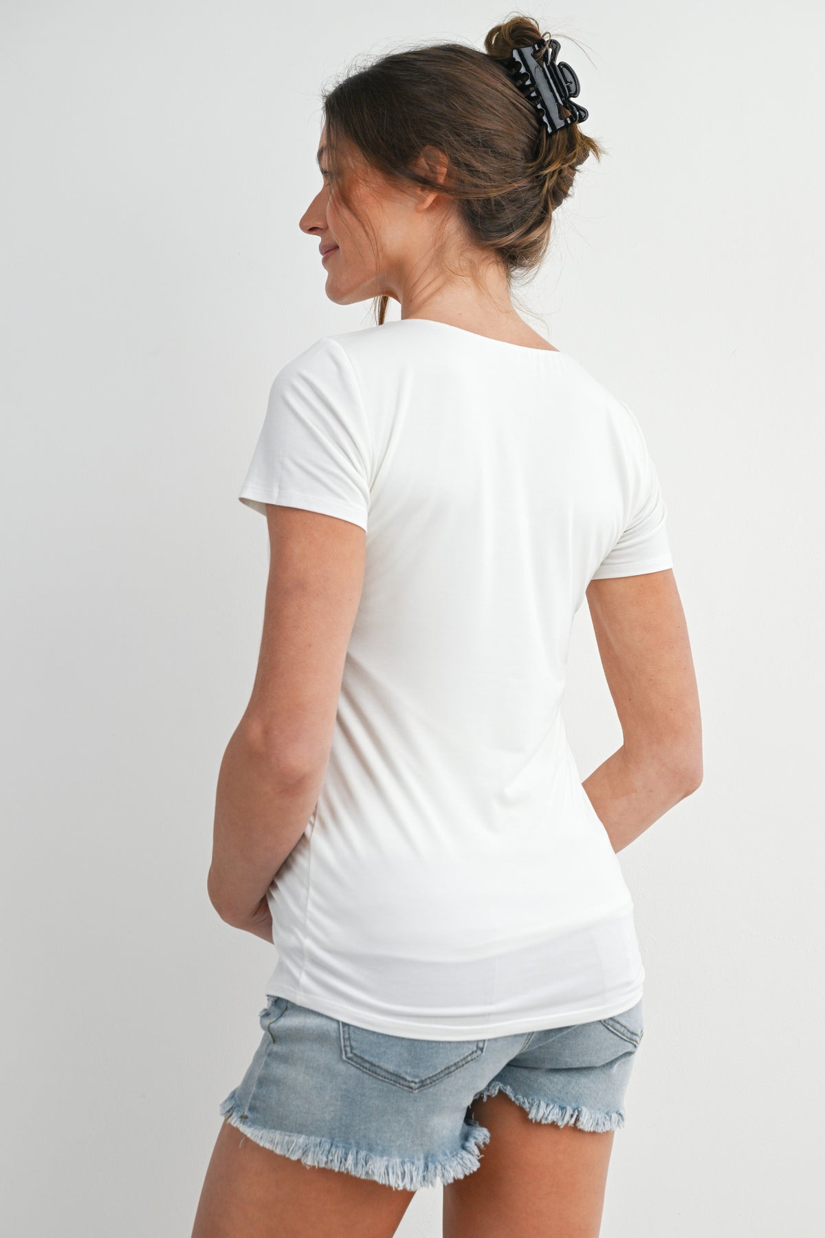 White Casual Fitted Scoop Neck Short Sleeve Maternity T-Shirt Back View