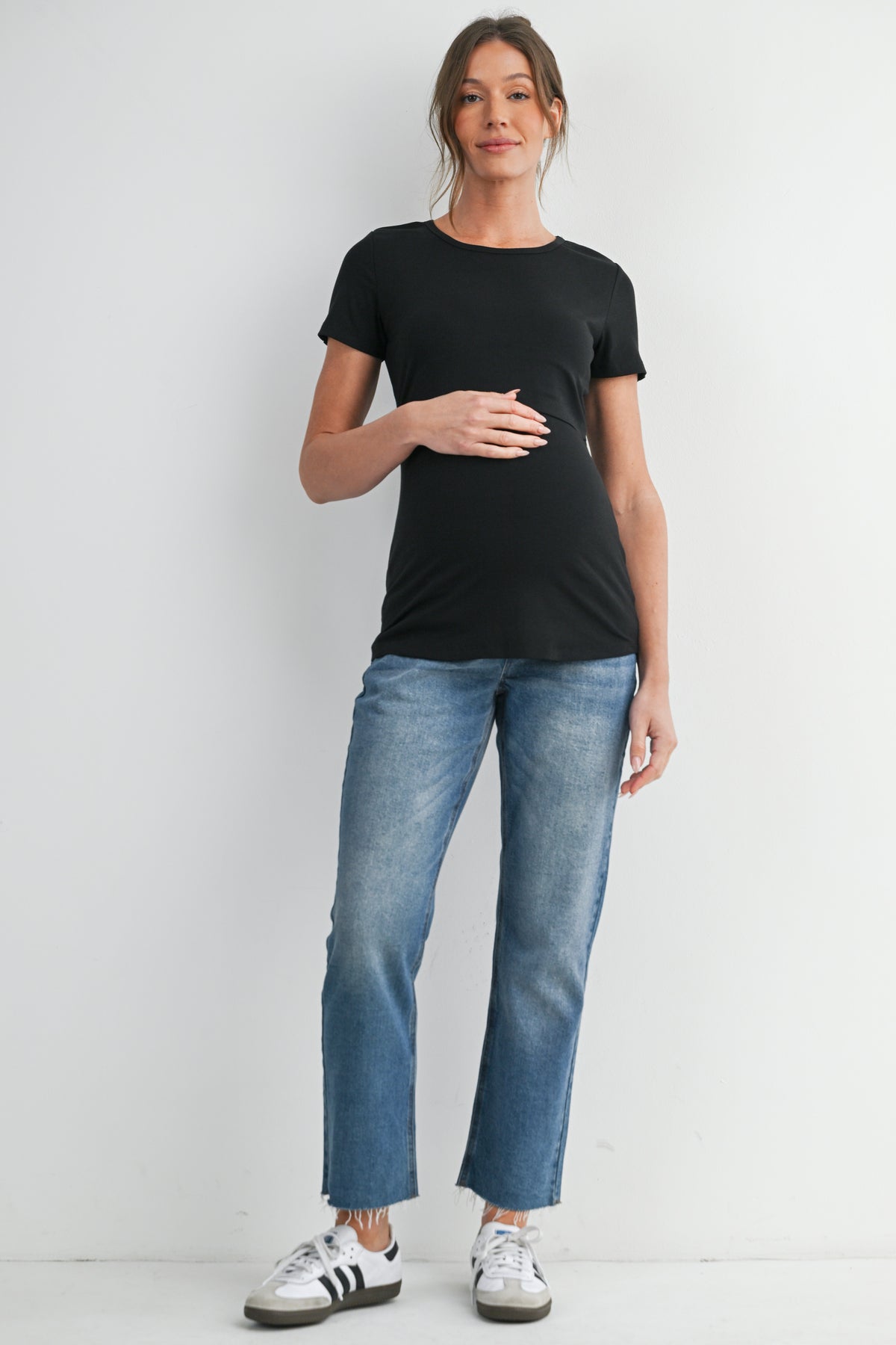 Black Ribbed Short Sleeve Maternity Nursing Top with Lift Up Panel Full Body